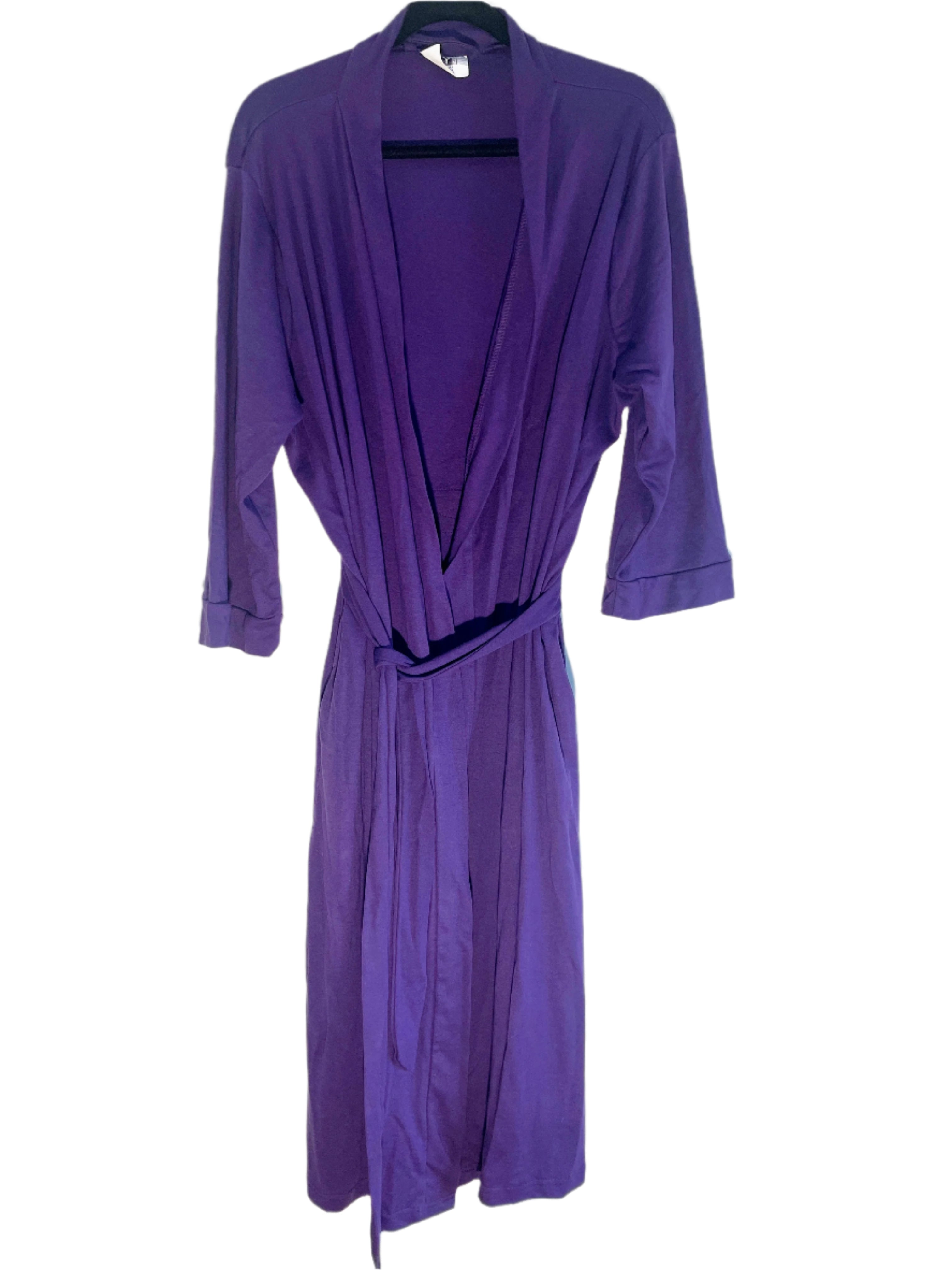 Purple NY Threads robe in size XXL with a matching belt and 3/4 sleeves, displayed hanging against a white wall.