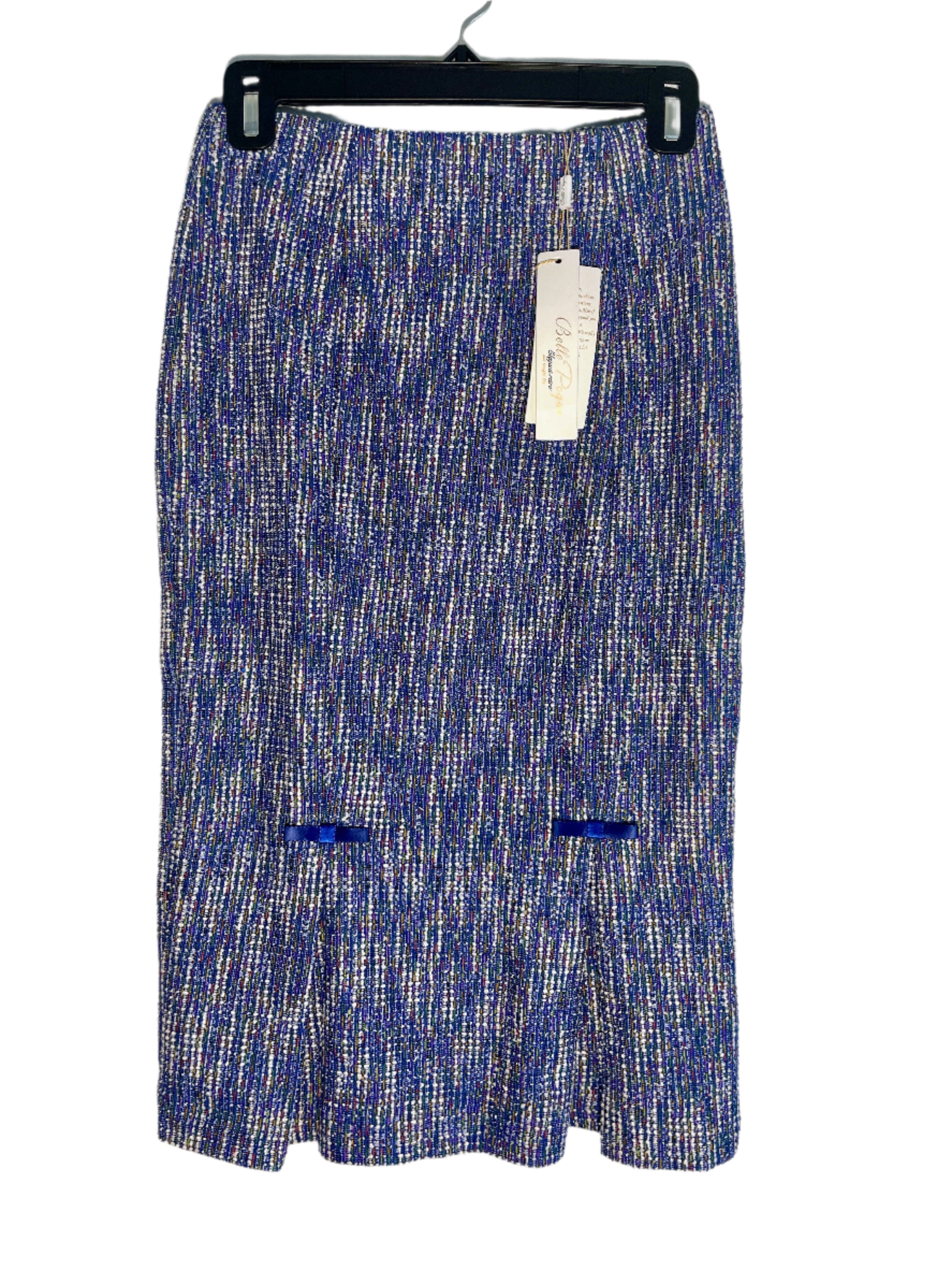 Blue and multicolour Belle Pogue pencil skirt with subtle sparkle and bow accents, size small, displayed hanging on a black hanger.