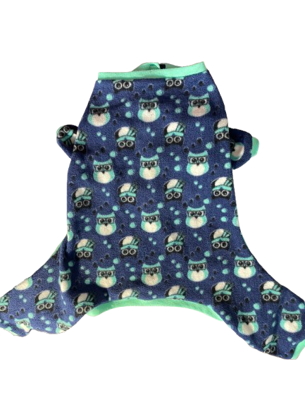 Size Large PMP Protect Me Pets blue owl print fleece dog onesie