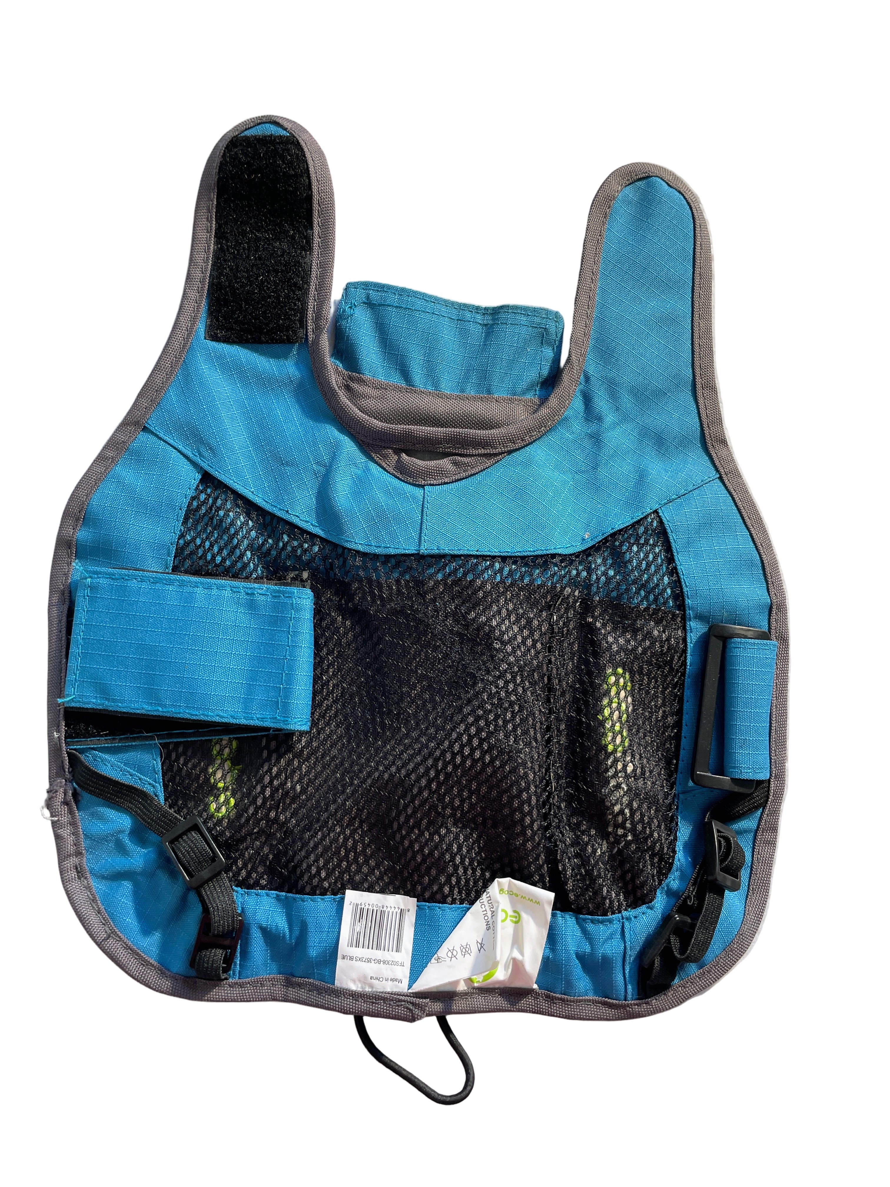 EcoGear small blue and grey dog raincoat with mesh underside and adjustable straps, back view