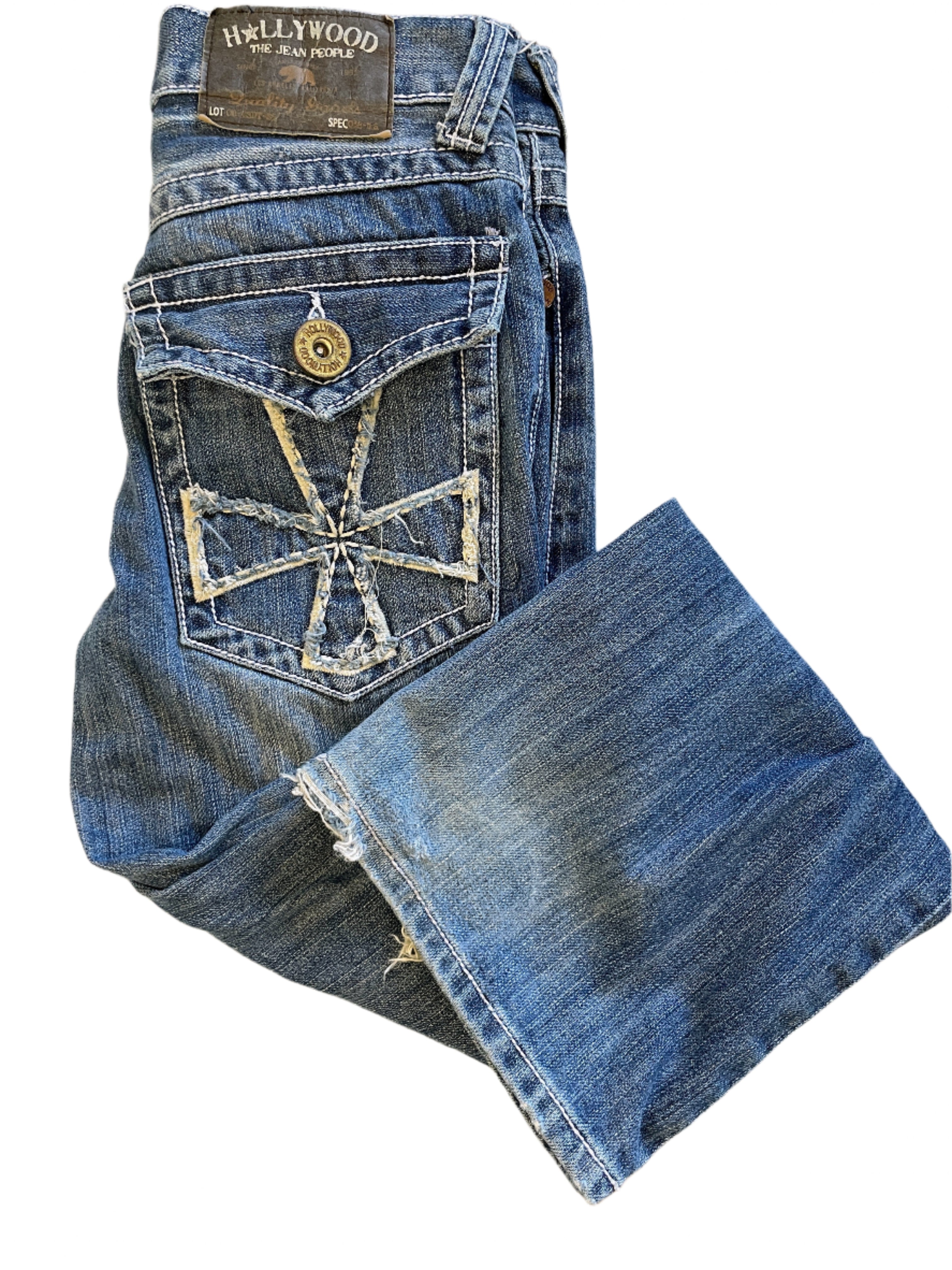 Hollywood bootcut jeans with flap back pockets and cross stitch design, size 12
