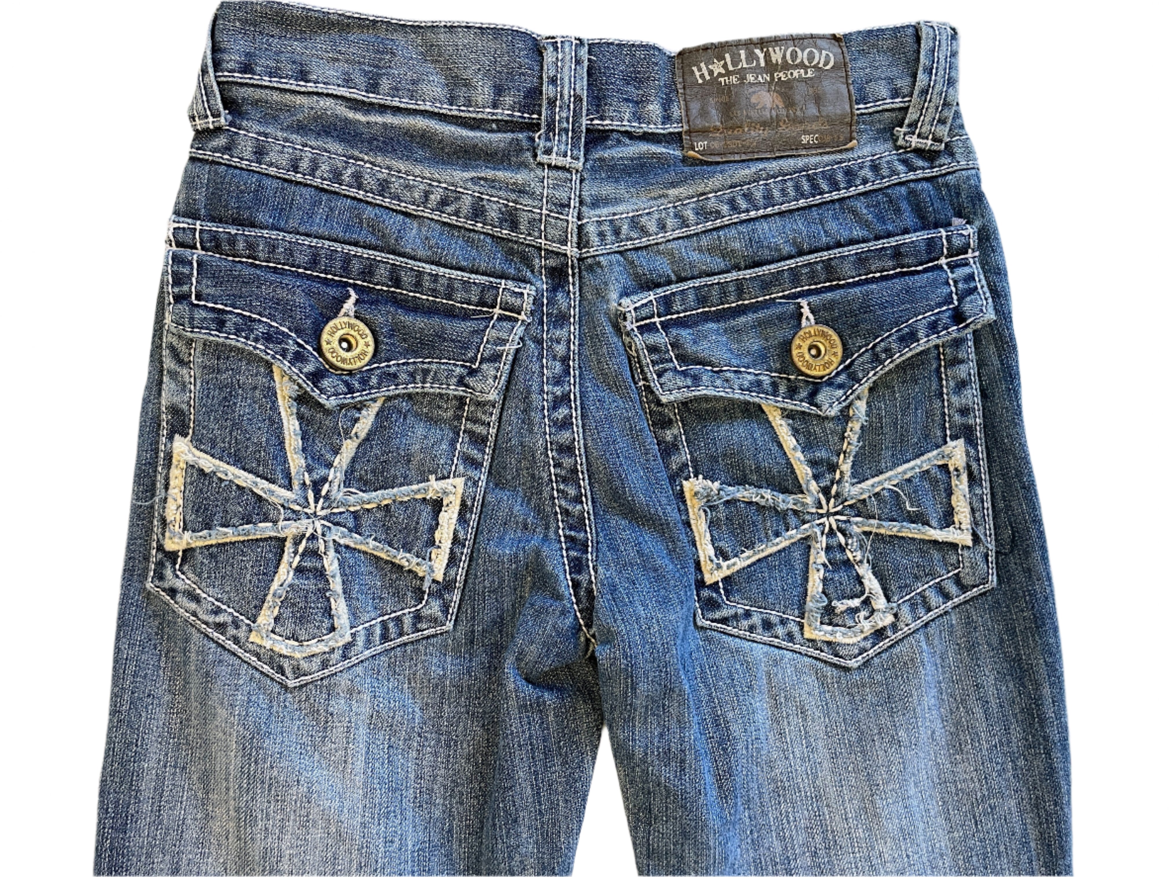 Pair of blue jeans with decorative stitching on the back pockets, displayed against a neutral background.