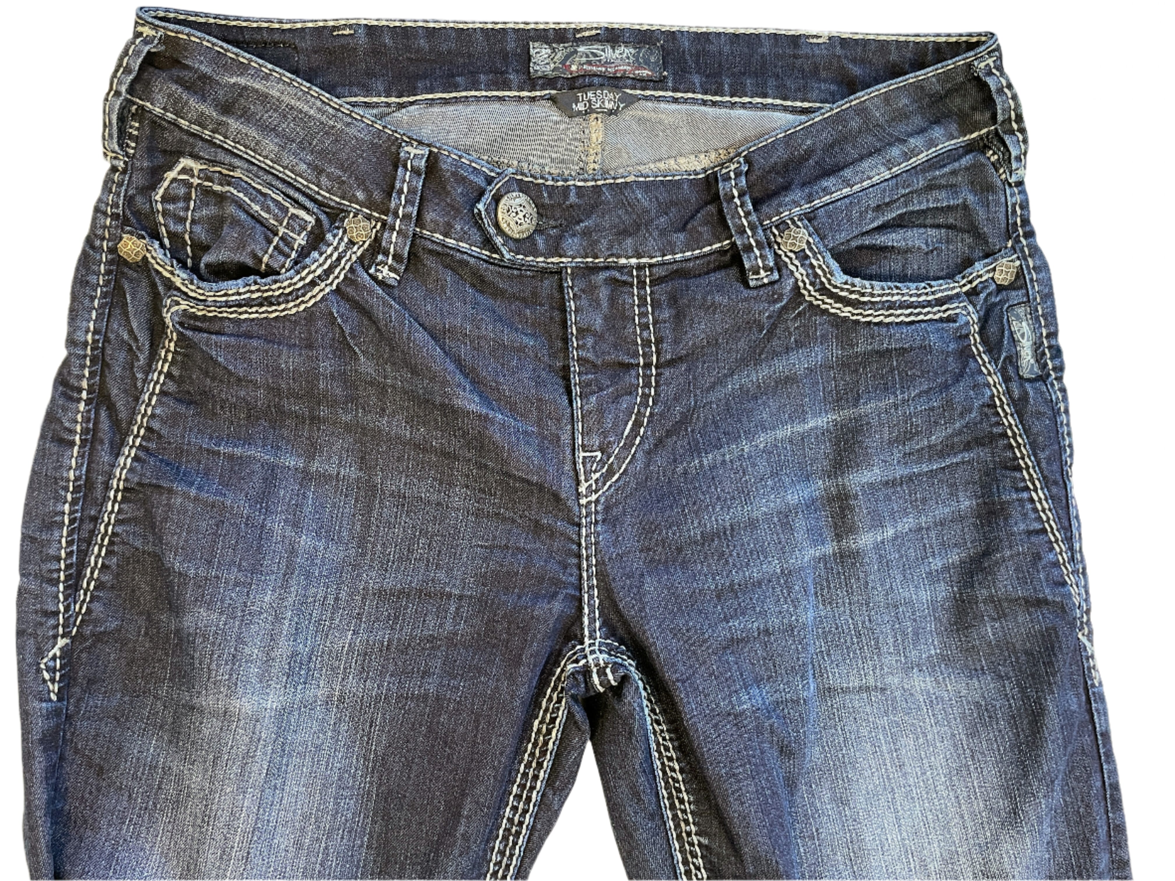 Front view of Silver Tuesday Mid Skinny jeans laid flat