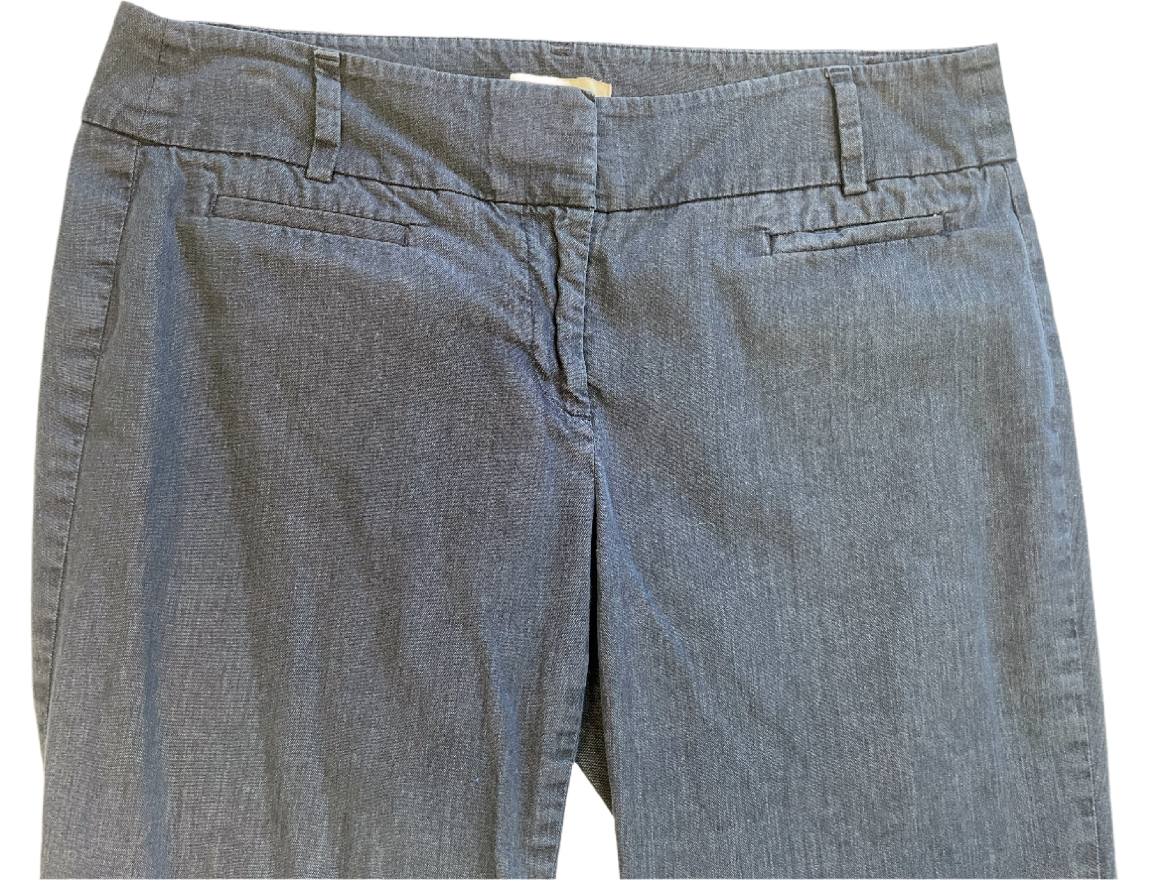 Loft navy blue capri pants with slit pockets, zipper fly, and denim-look finish