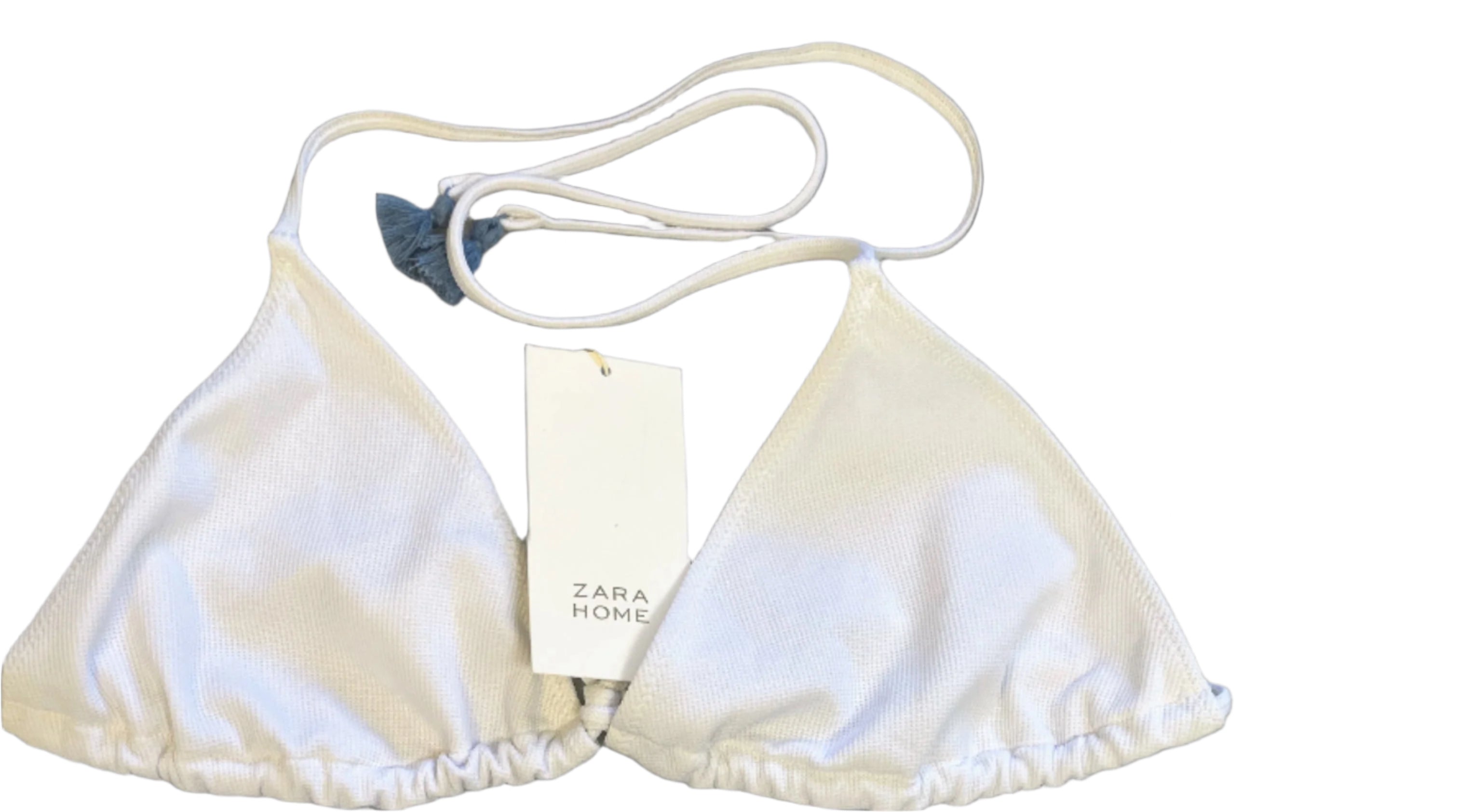 Zara Home white bikini top with tassel ties, triangle style, size large