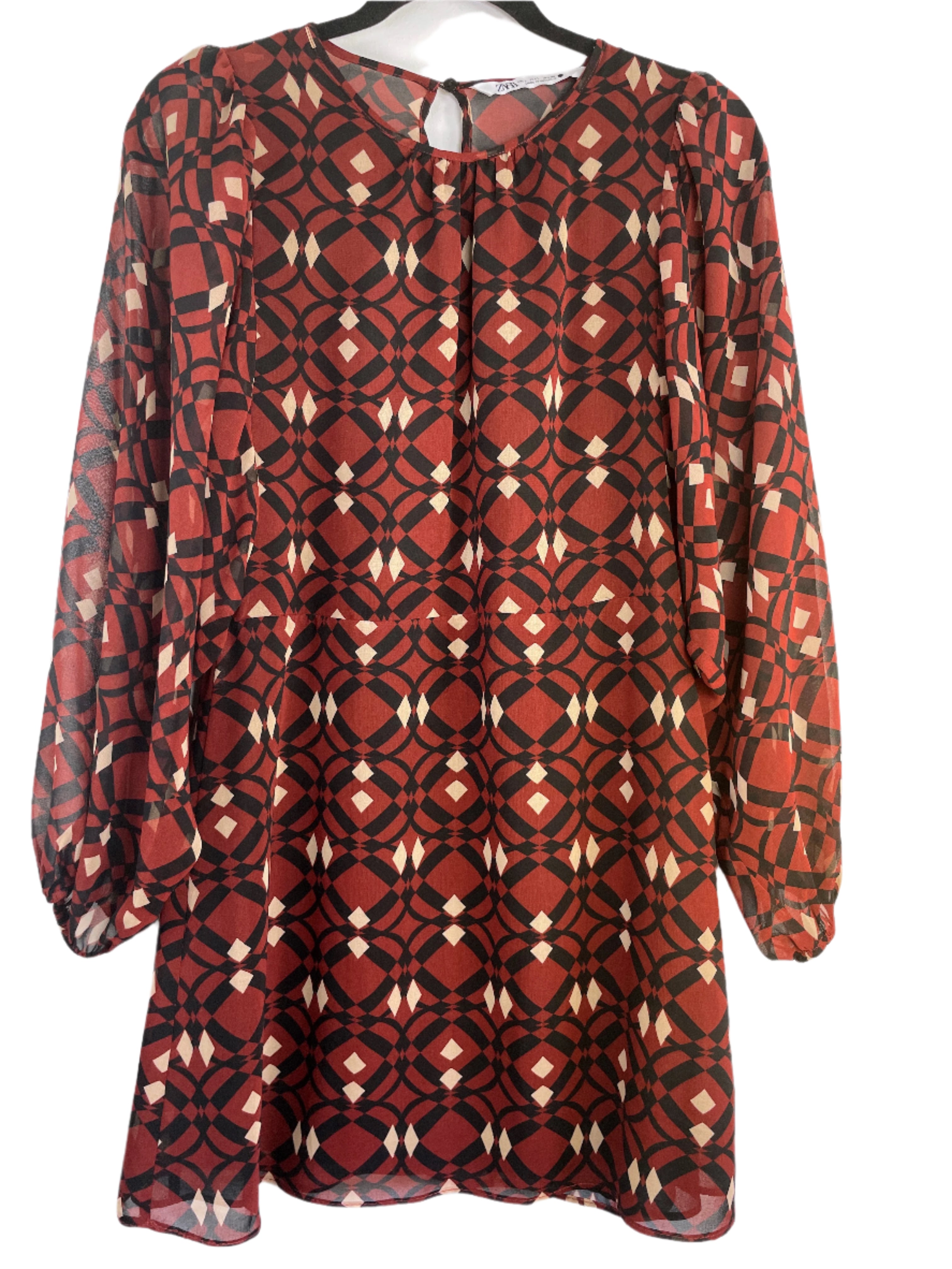 Zara burgundy and black geometric long sleeve dress with keyhole back, size large
