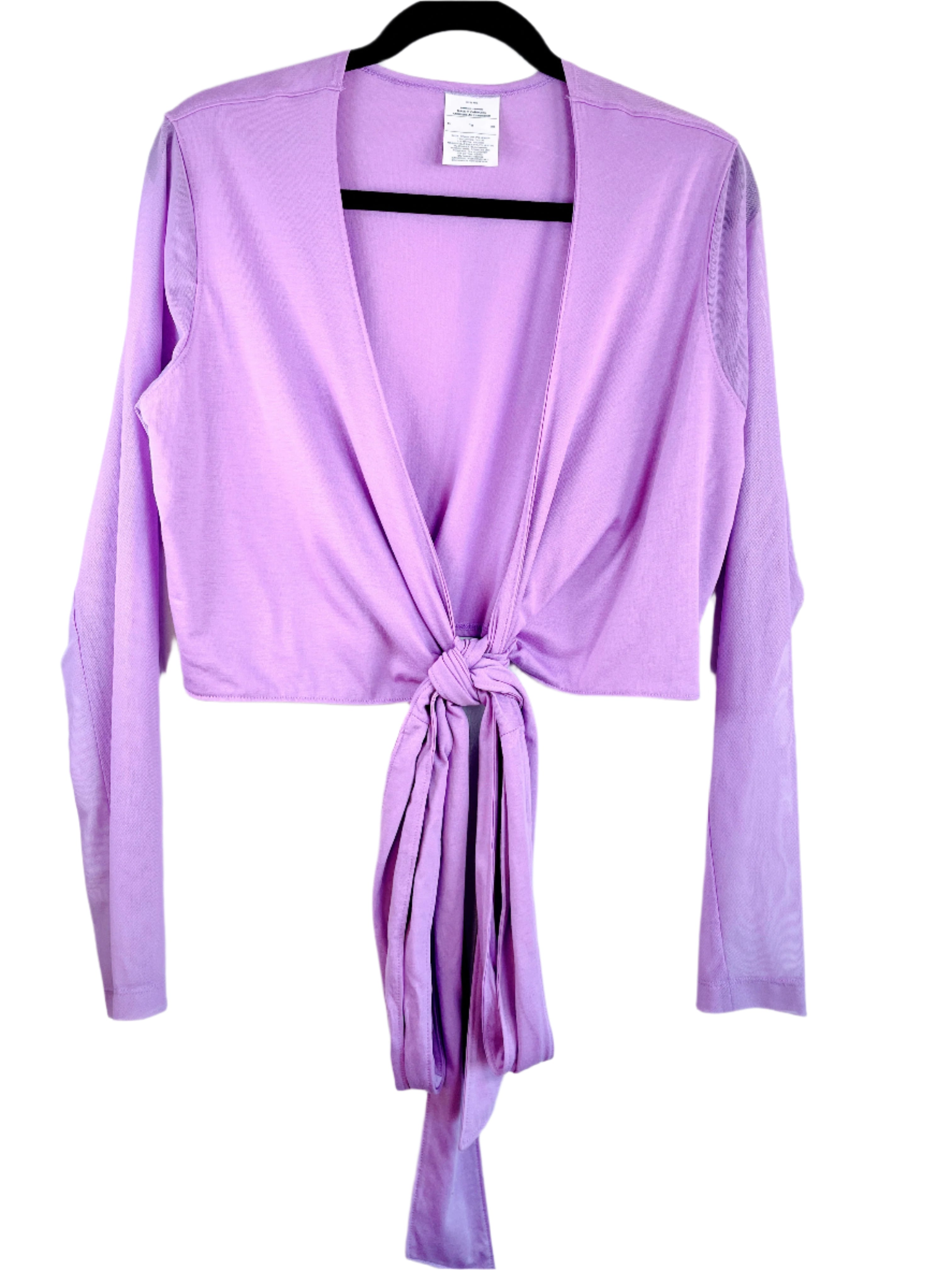 Front and back view of Nike Air Jordan 23 lilac long sleeve wrap top in size XL with tie front
