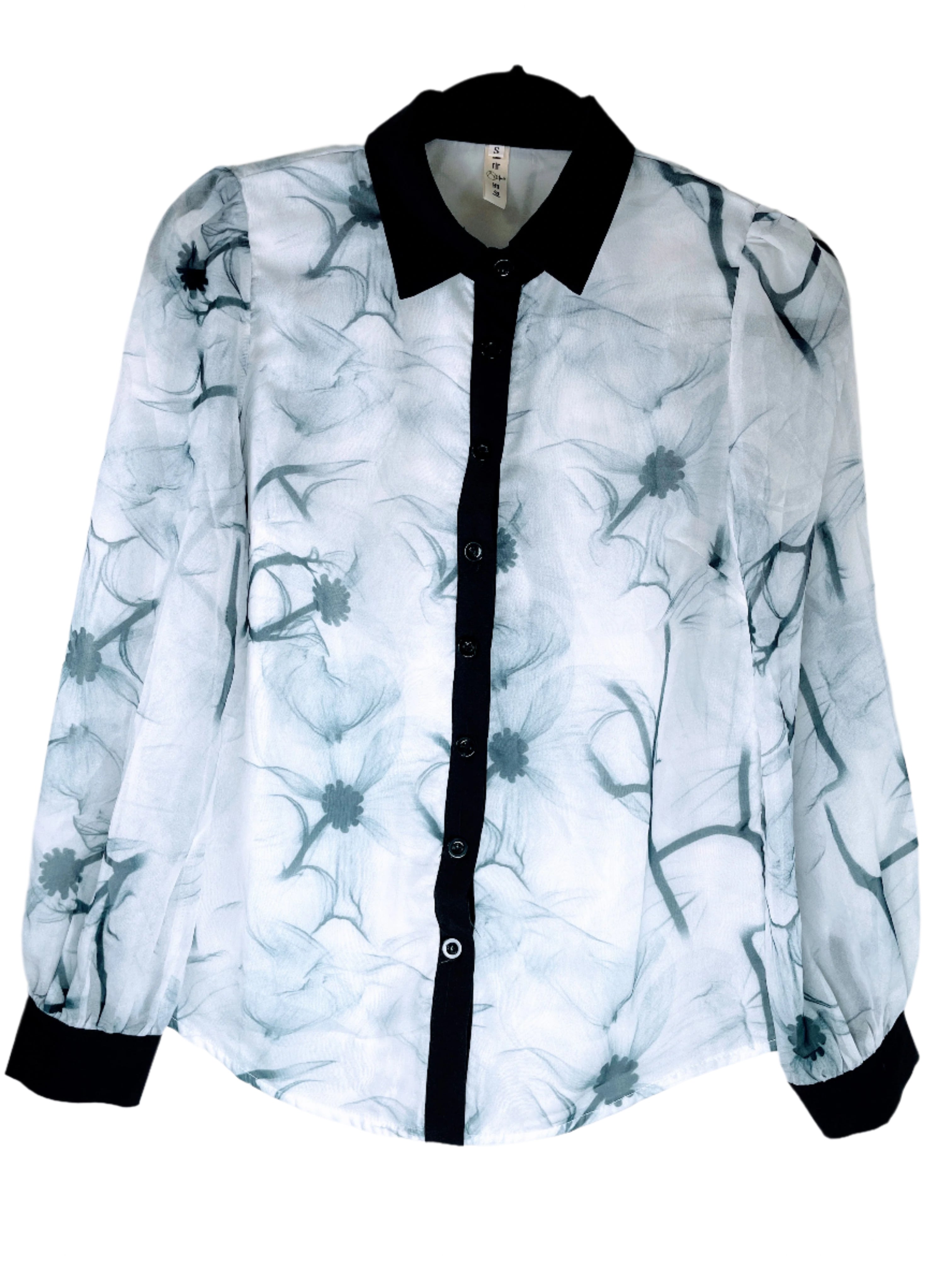 Running Rabbit sheer black and white floral blouse with black collar and cuffs, size small, front view