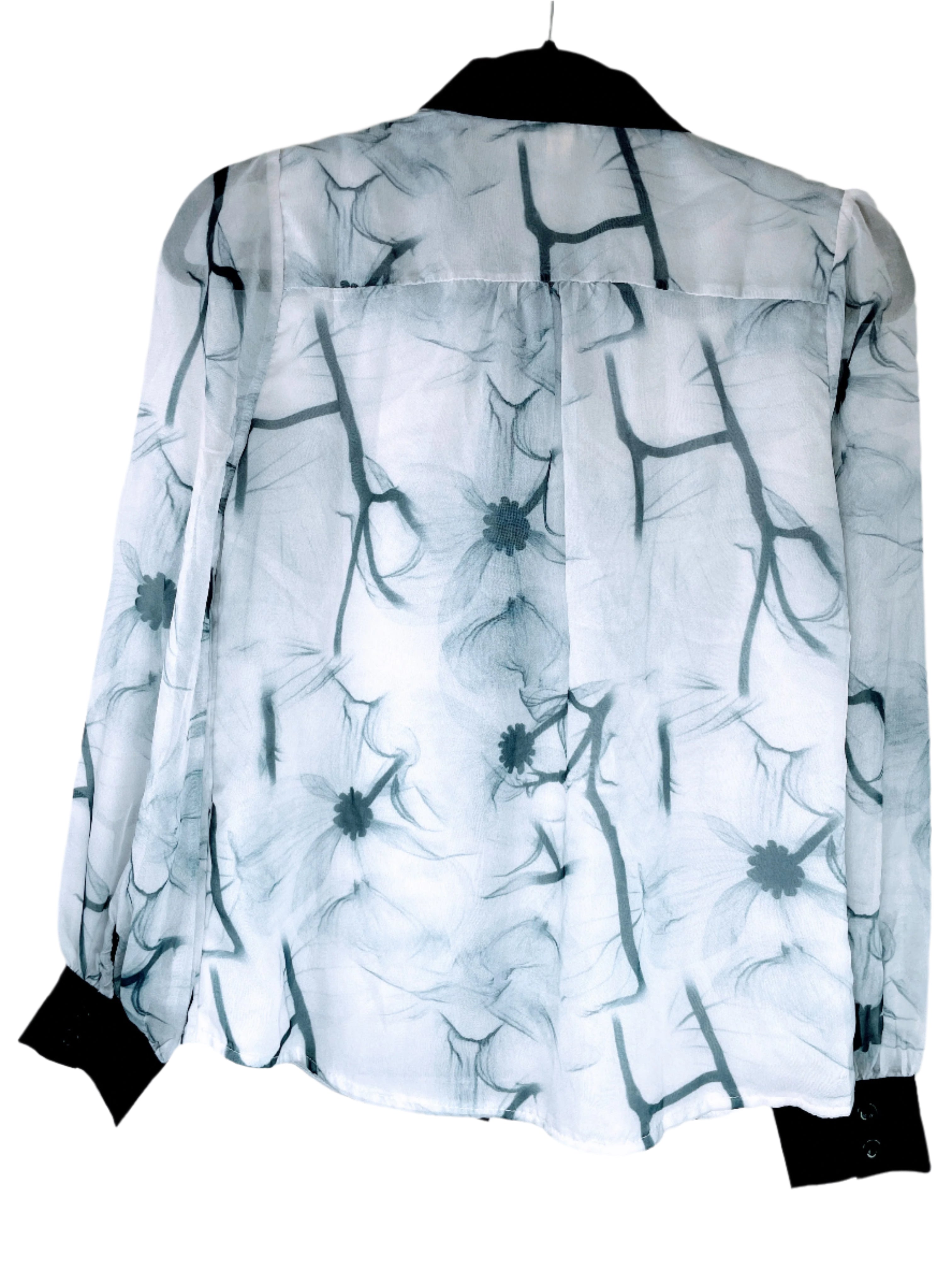 Running Rabbit sheer black and white floral blouse with black collar and cuffs, size small