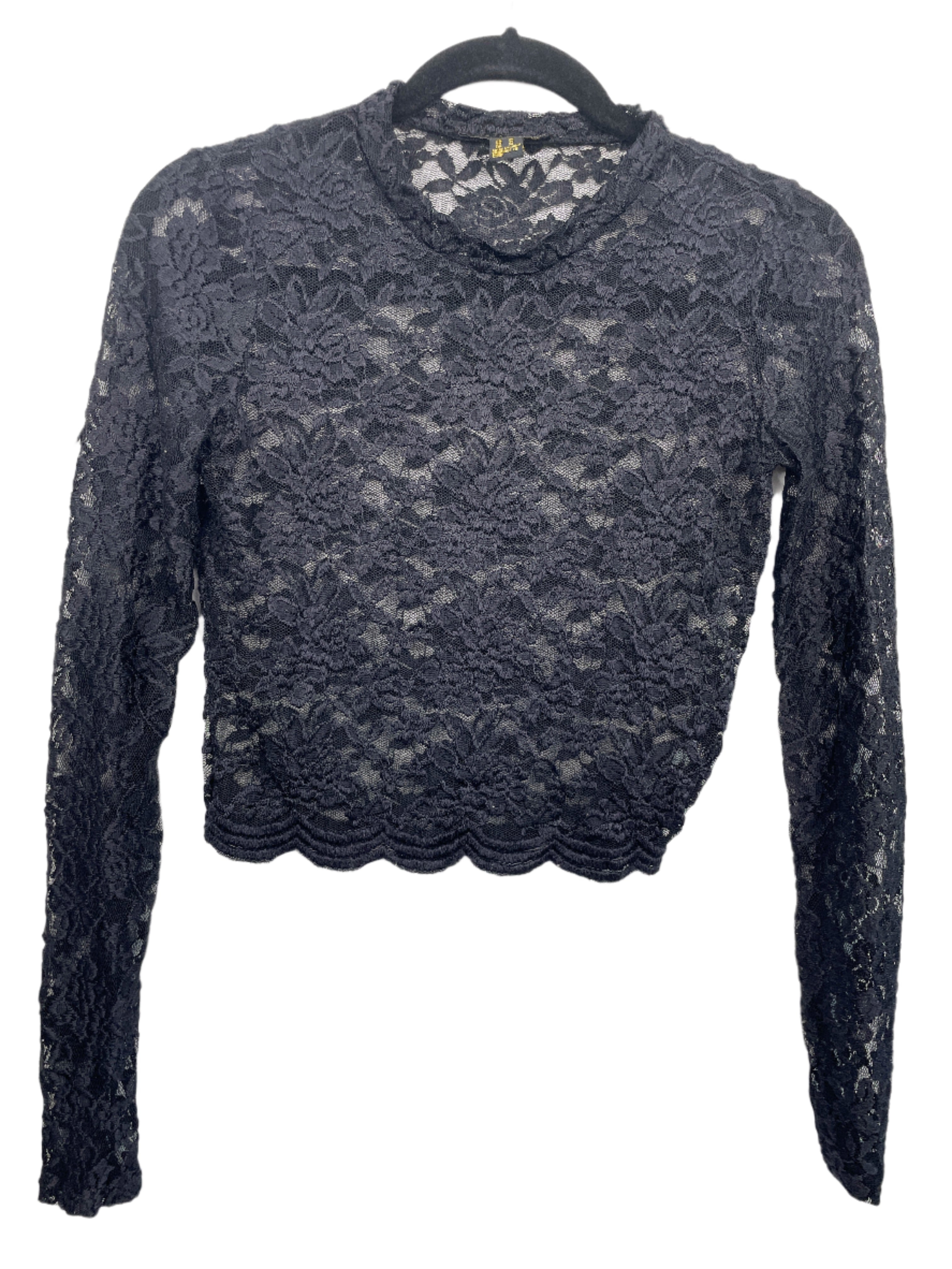 Black long sleeve lace crop top by Revamped, size medium, scalloped hem and floral sheer pattern.