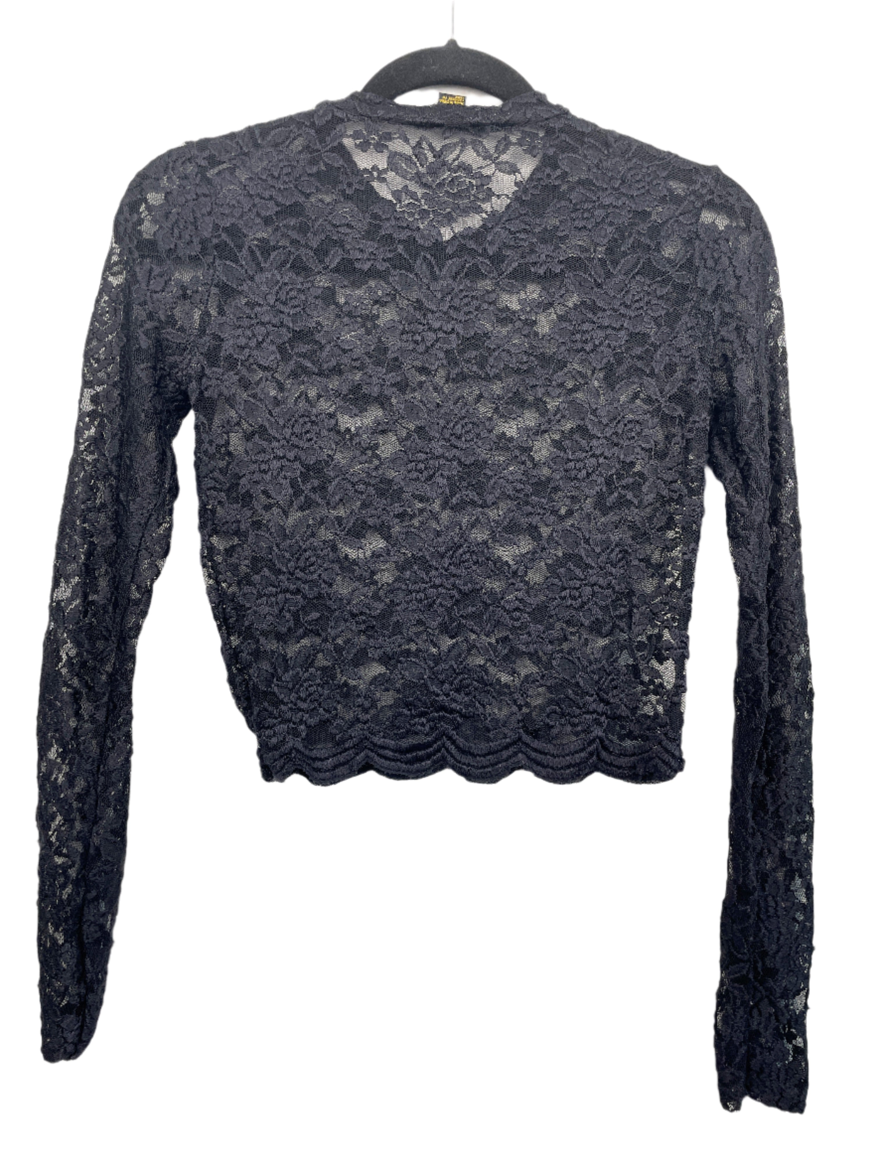 Black long sleeve lace crop top by Revamped, size medium, scalloped hem