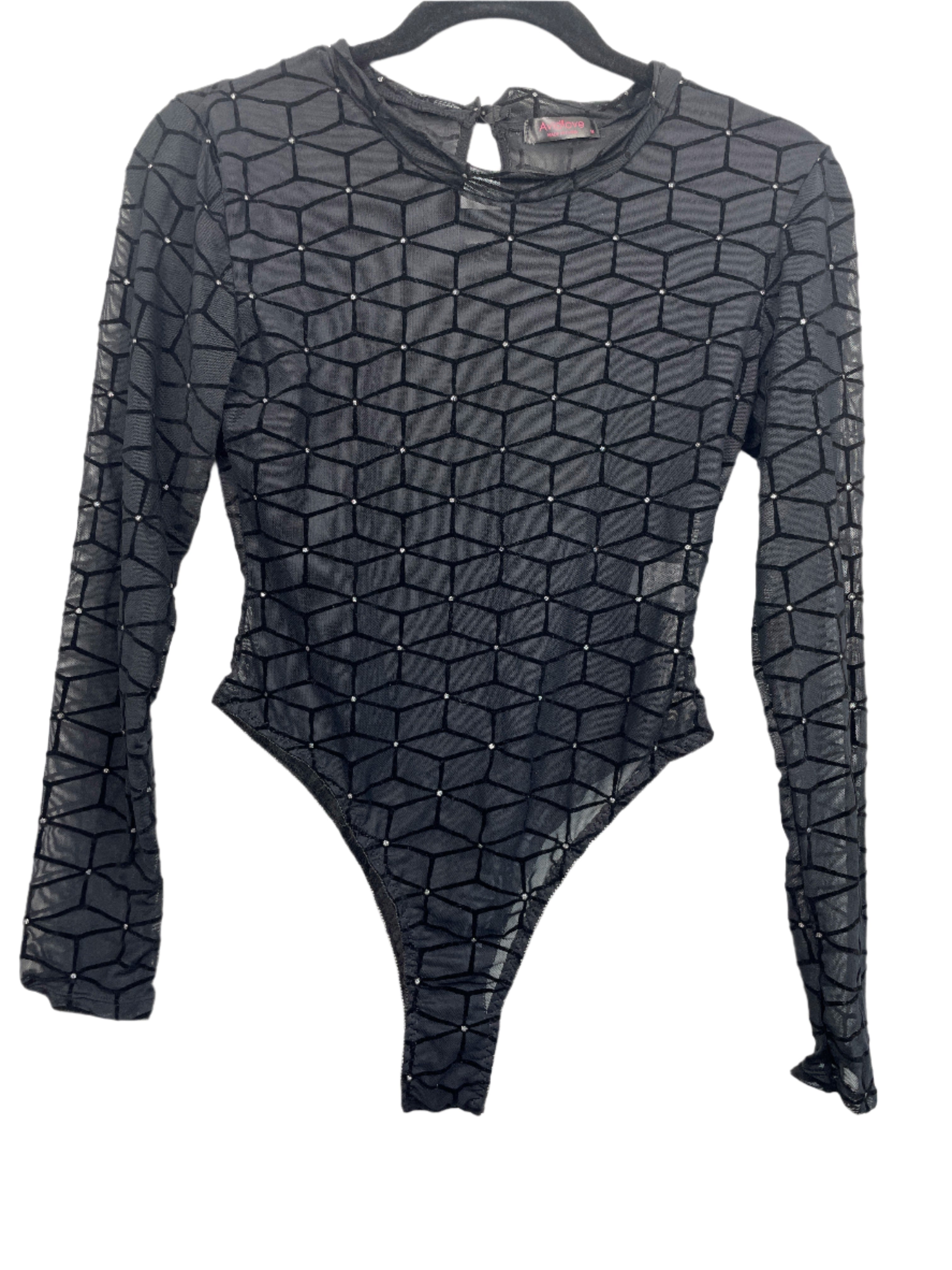 Avidlove black mesh bodysuit with velvet geometric pattern and rhinestones, size medium, front view