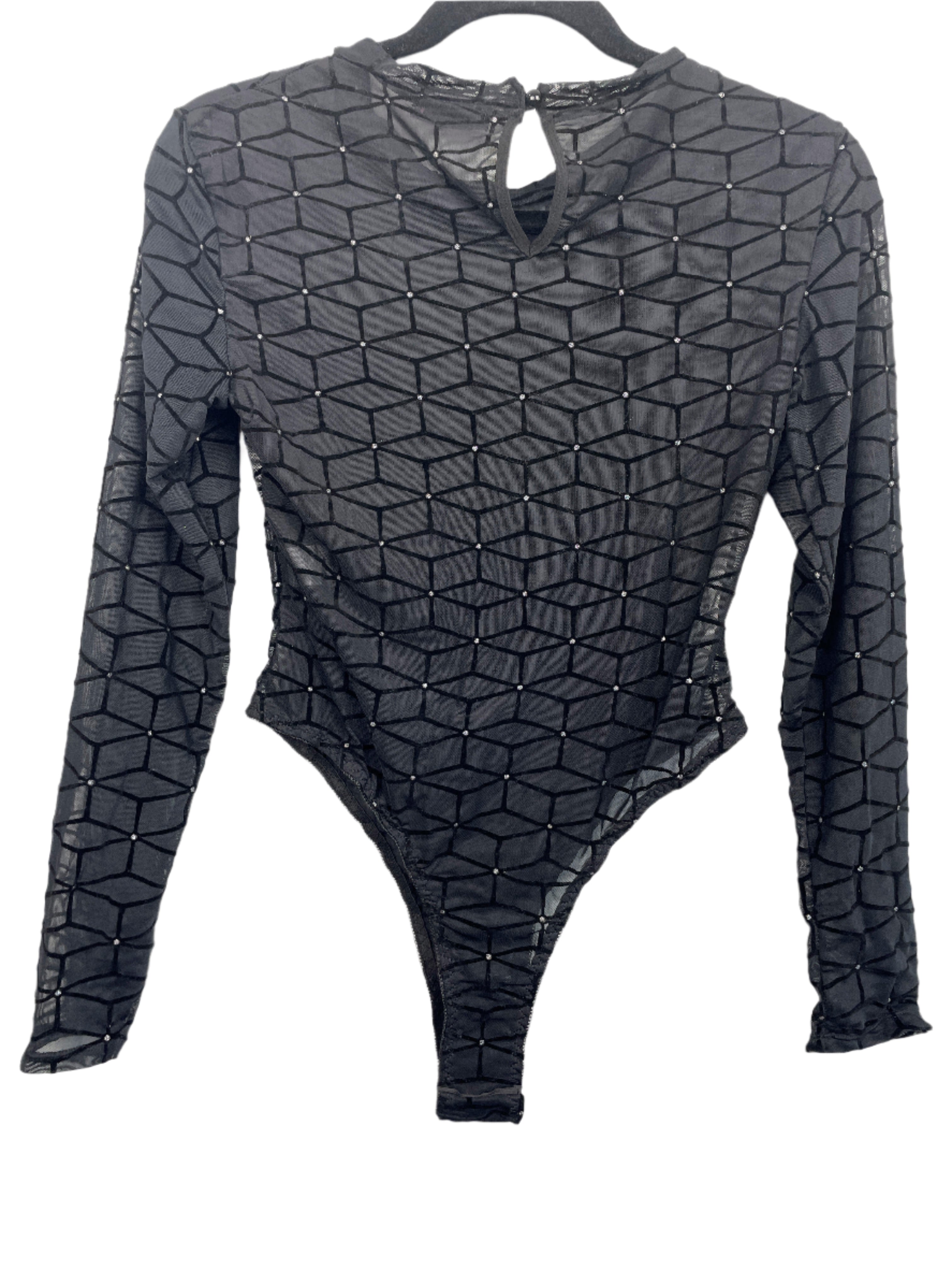 Avidlove black mesh bodysuit with velvet geometric pattern and rhinestones, size medium, back views.