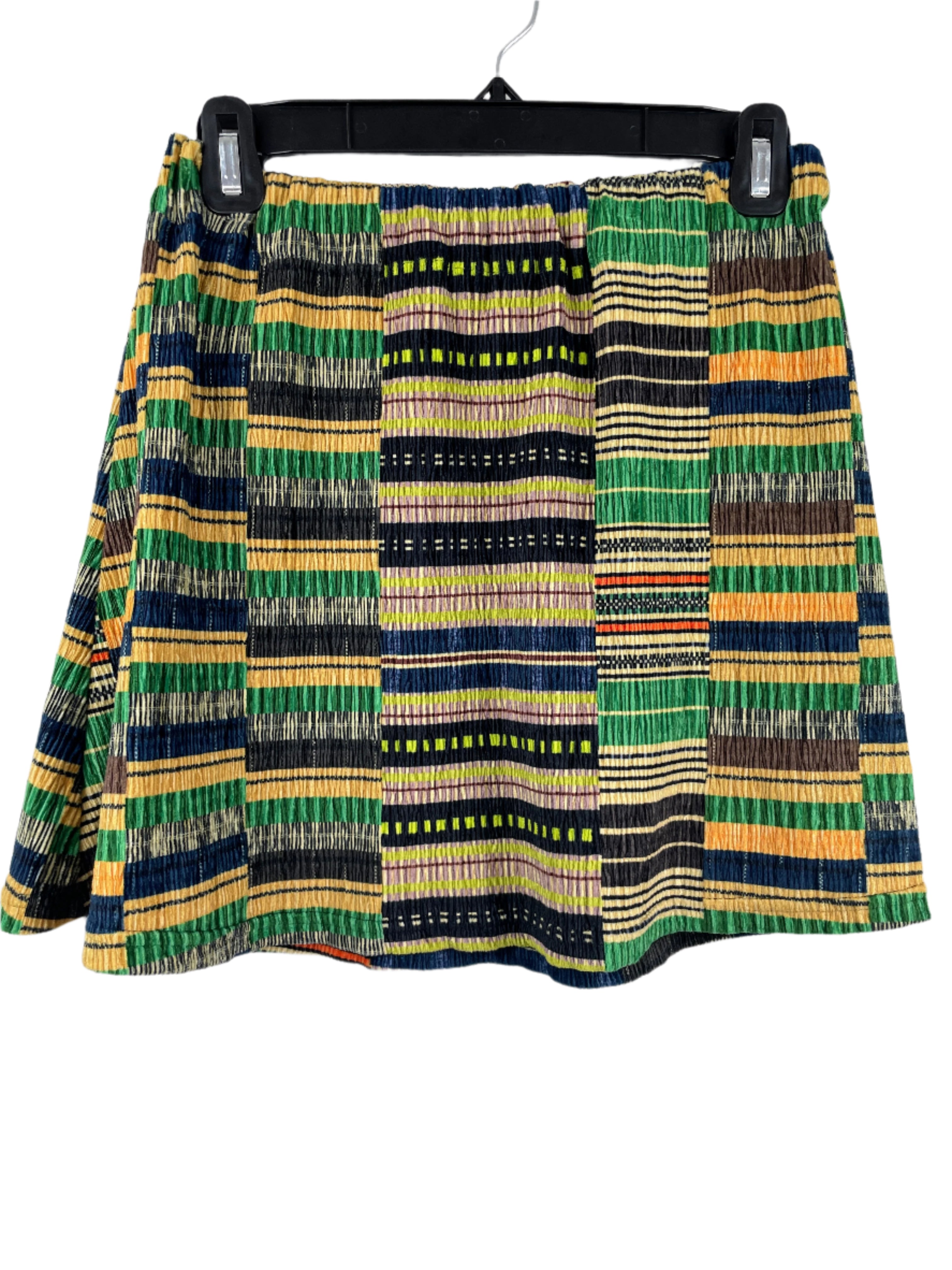 Multicolour striped Cider mini skirt with elastic waistband, size small, polyester fabric, laid flat front view