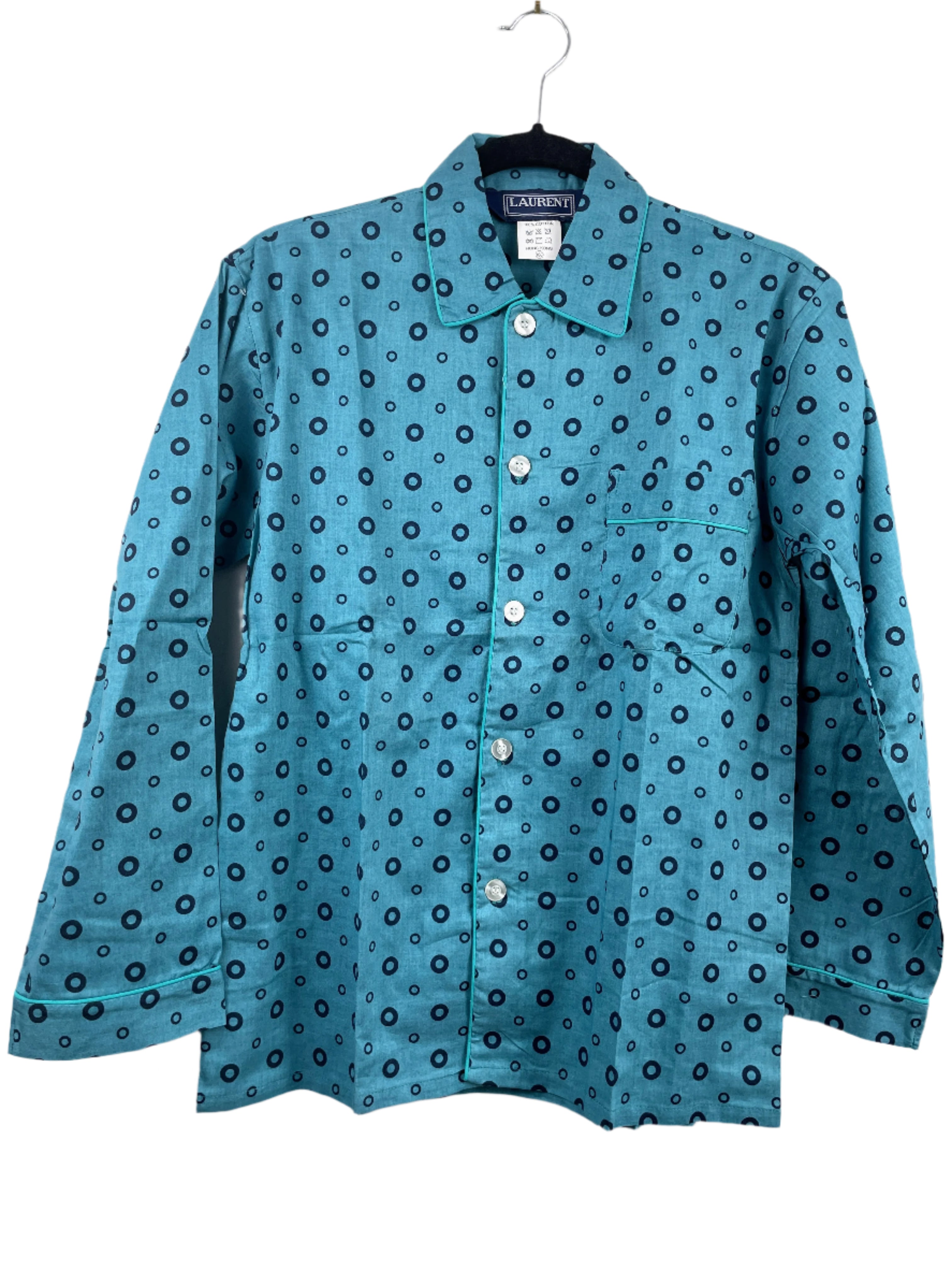 Laurent turquoise polka dot lightweight cotton pyjama set with elastic waist pants and button-front top, fits women’s small or medium