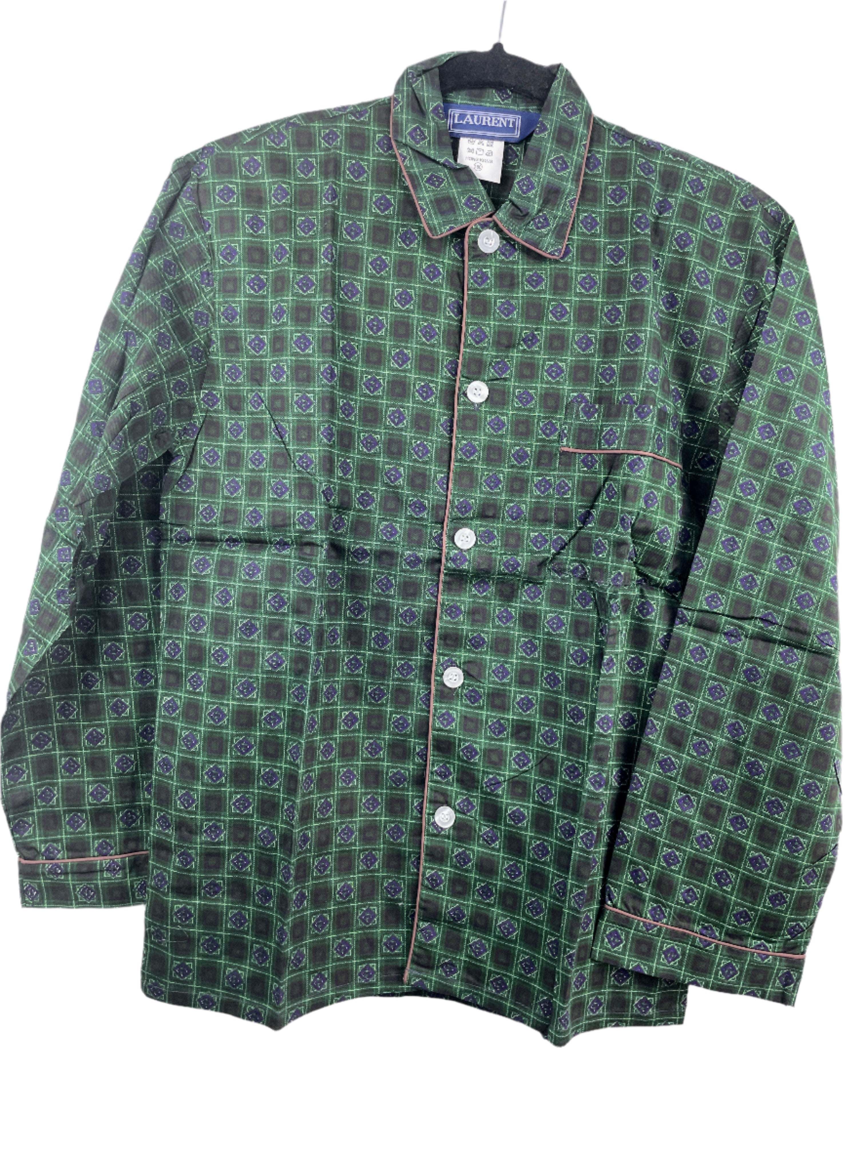 Laurent dark green geometric pattern lightweight cotton pyjama set with elastic waist pants and button-front top, fits women’s small or medium