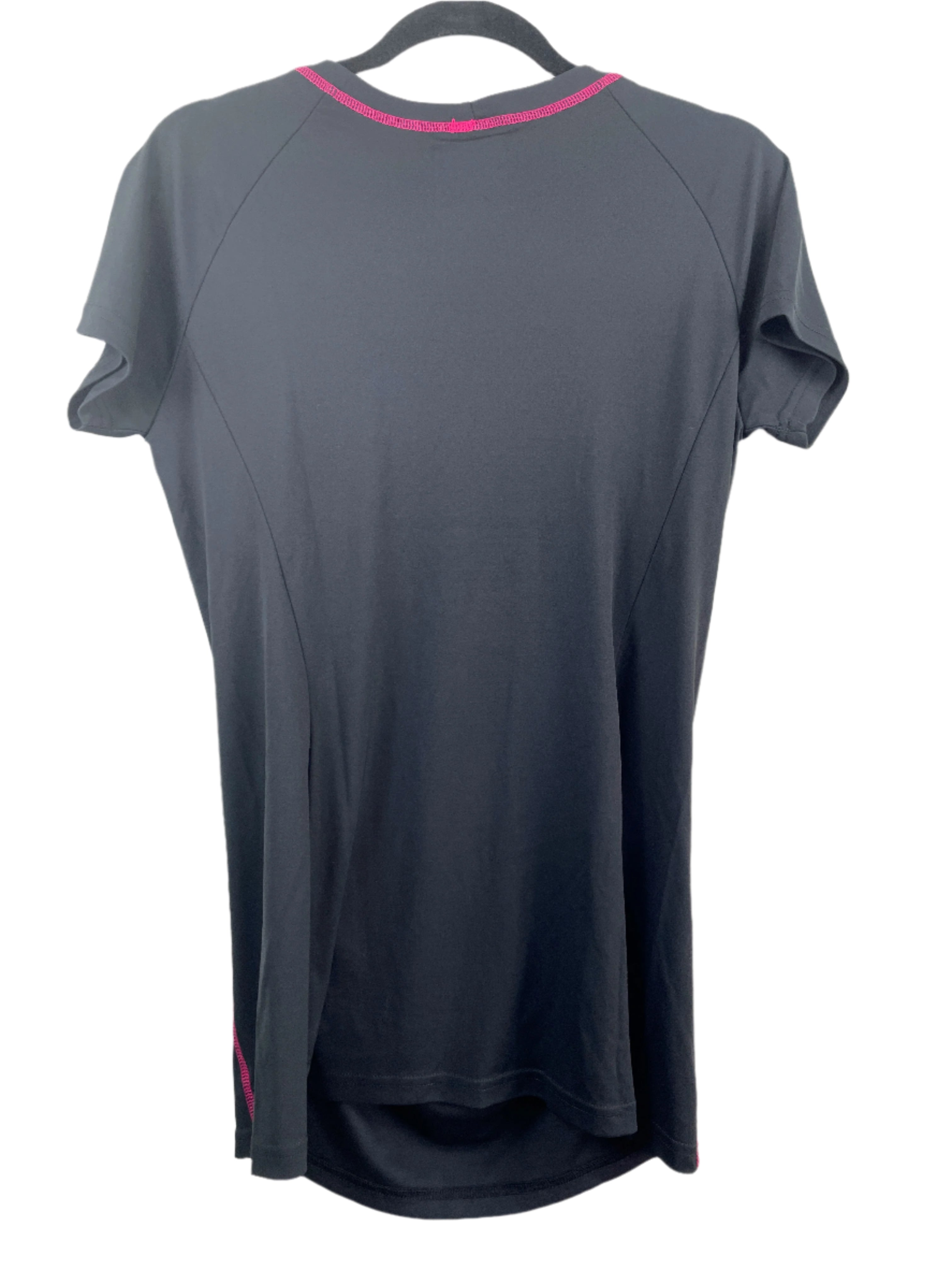 Bishop black polyester activewear top with pink trim and short sleeves