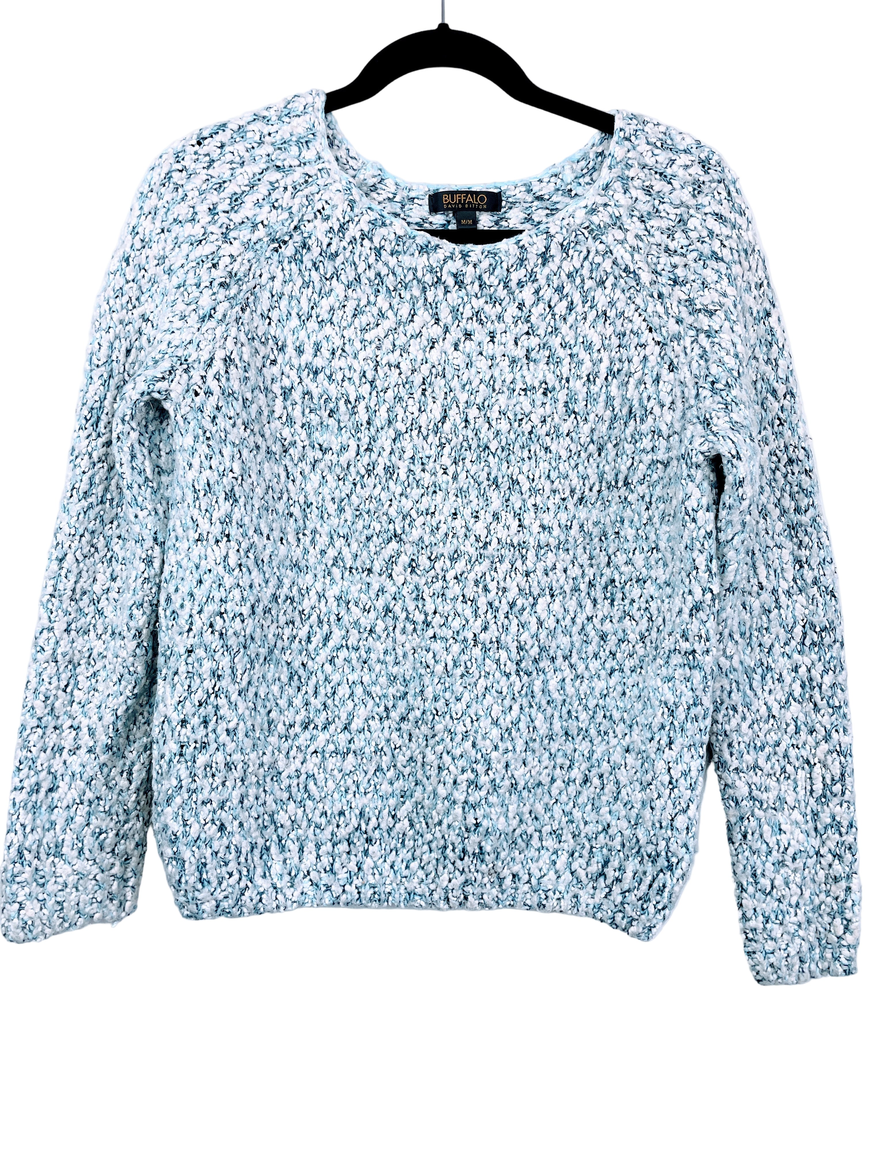 Buffalo blue white marled knit sweater front view size medium