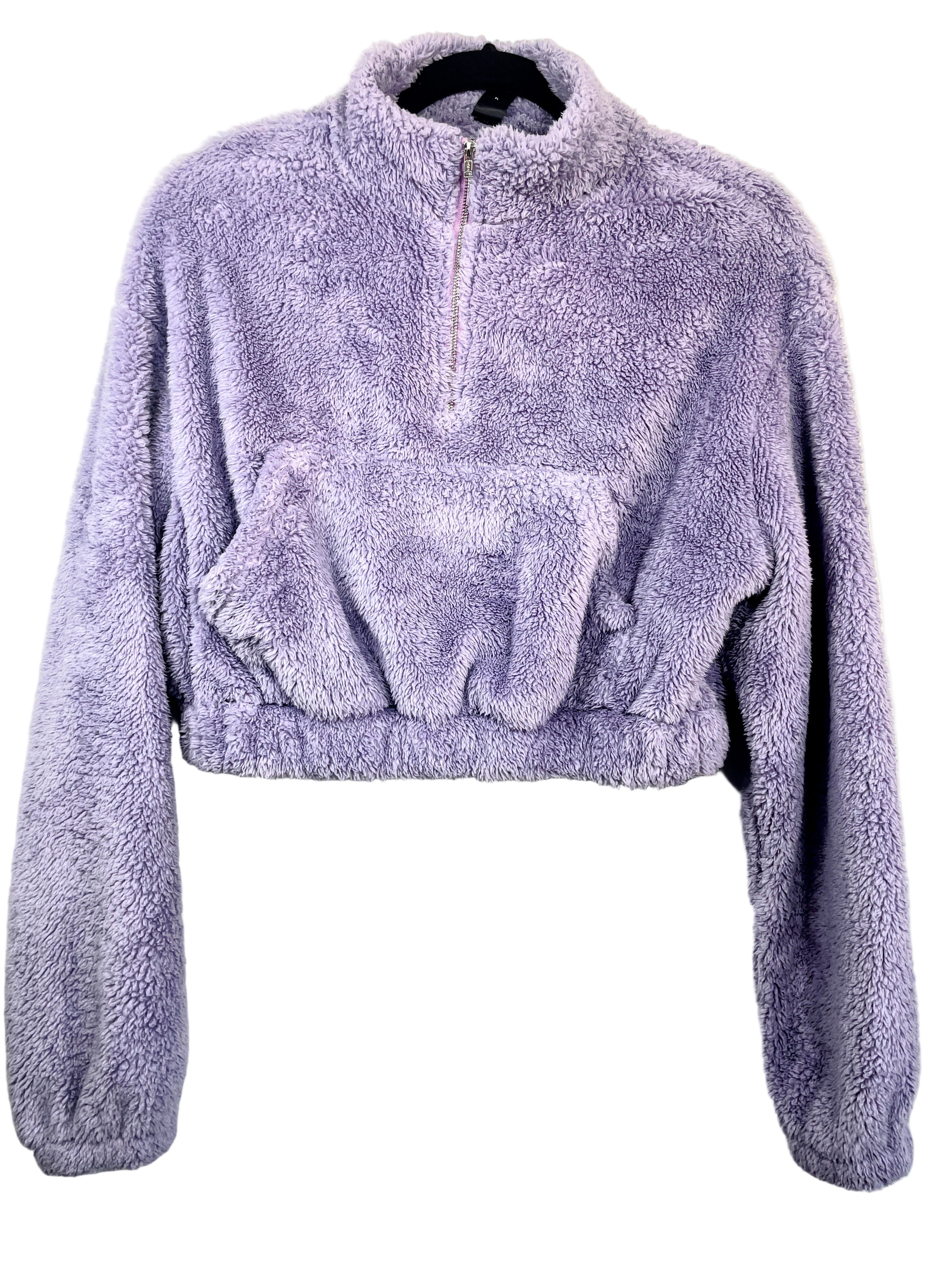 shein lavender fuzzy cropped sweater front view with elastic hem, size medium