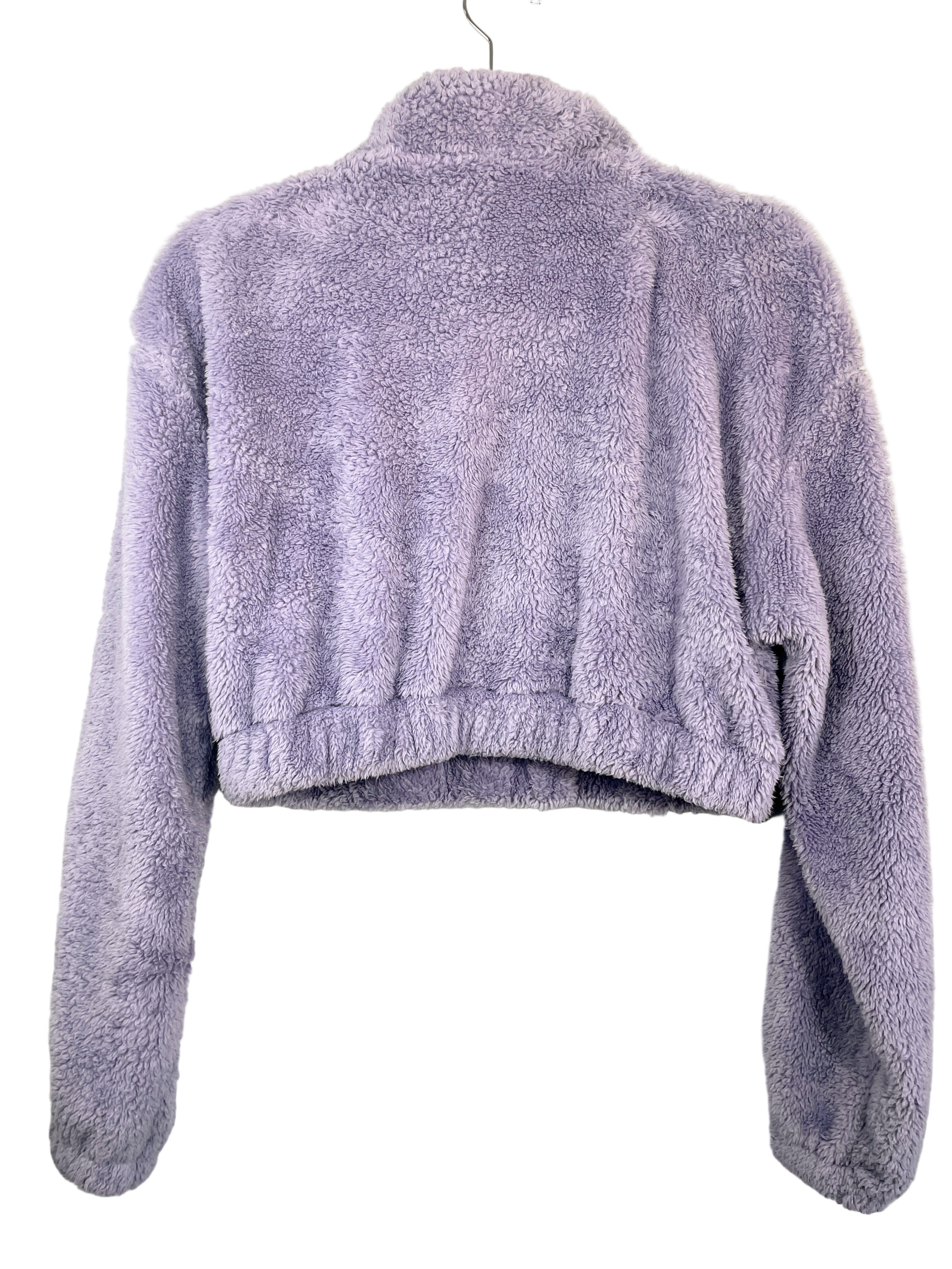 shein lavender fuzzy cropped sweater back view with elastic hem, size medium