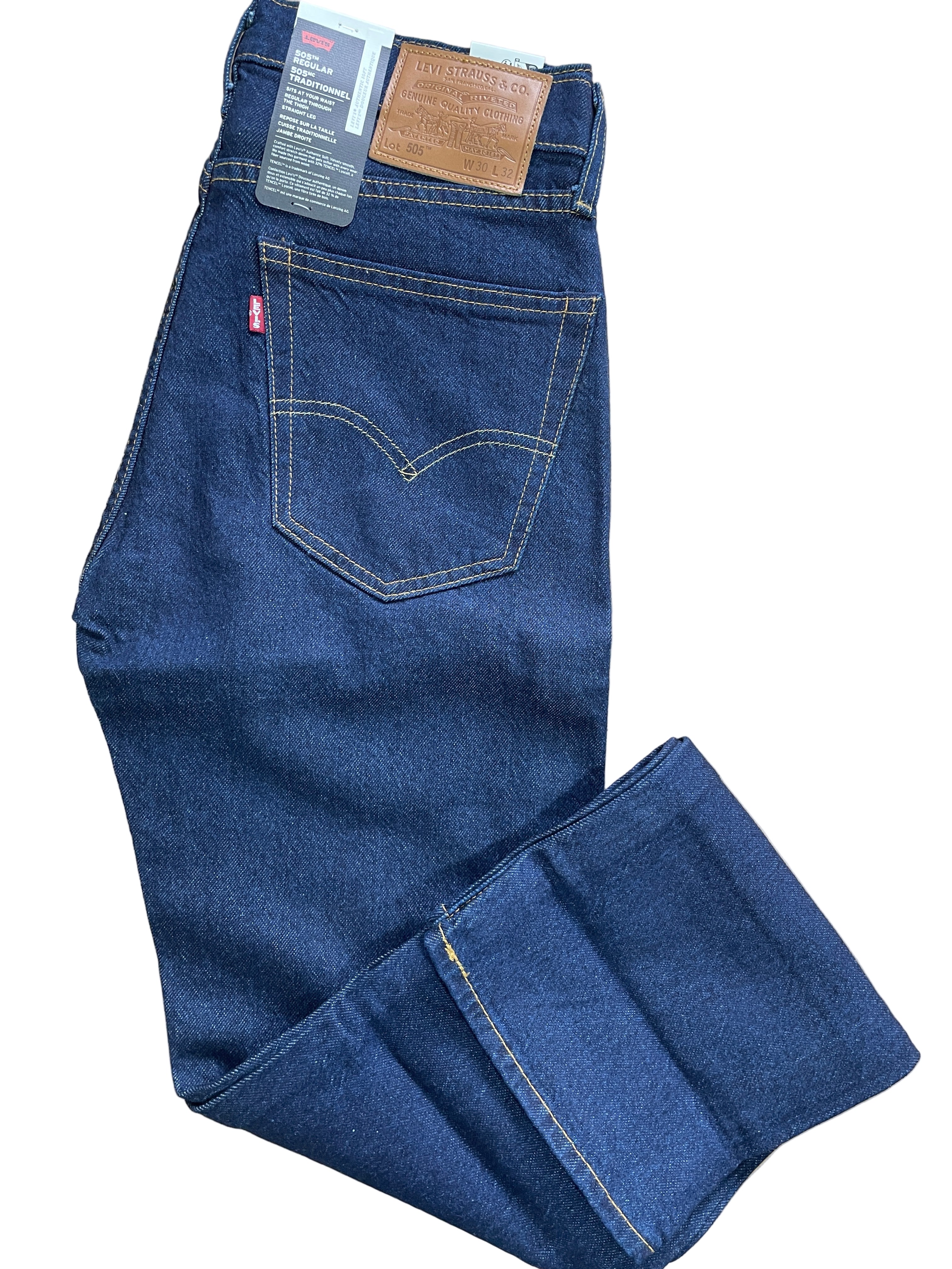 Levi’s 505 Regular men’s jeans in dark indigo, straight leg fit with zipper fly, five pockets, leather patch on waistband,