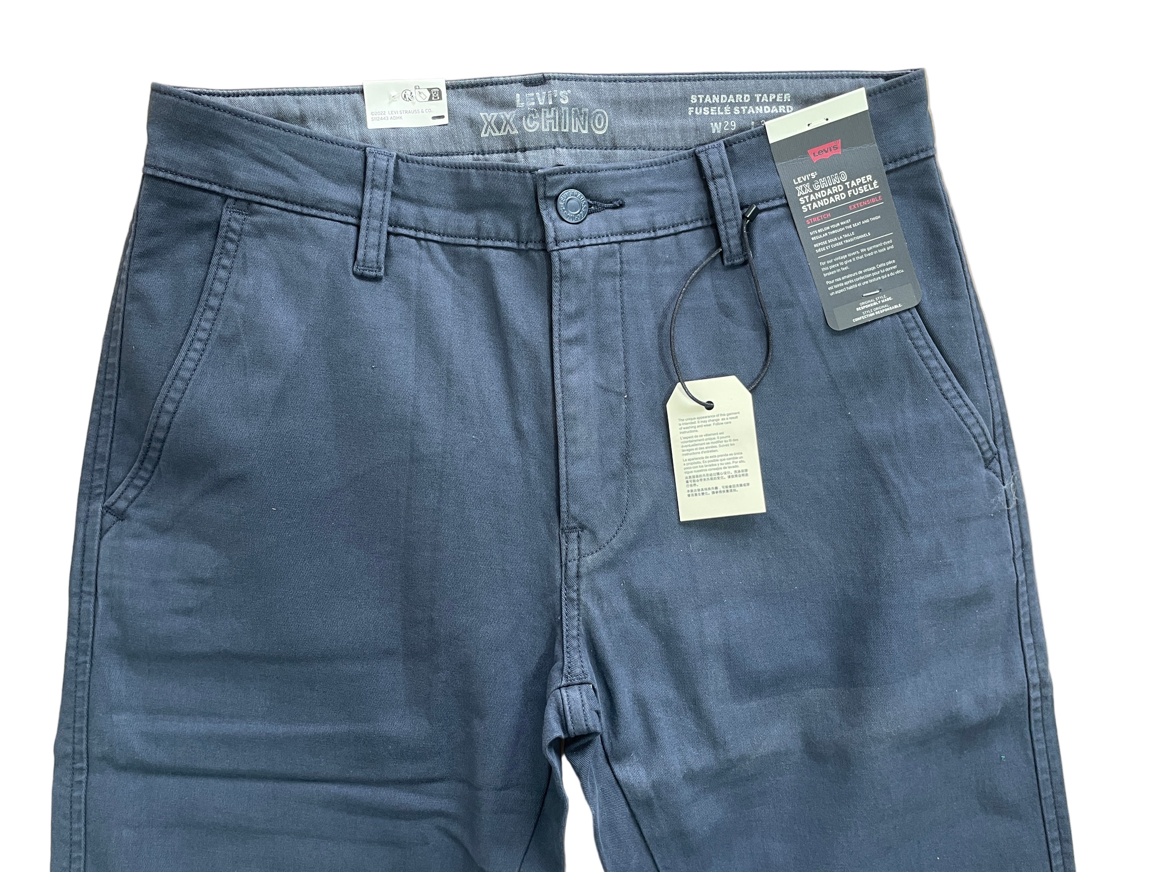 Levi’s XX Chino Standard Taper men’s pants in slate blue, size 29x30, garment-dyed for vintage look, zipper fly with button closure