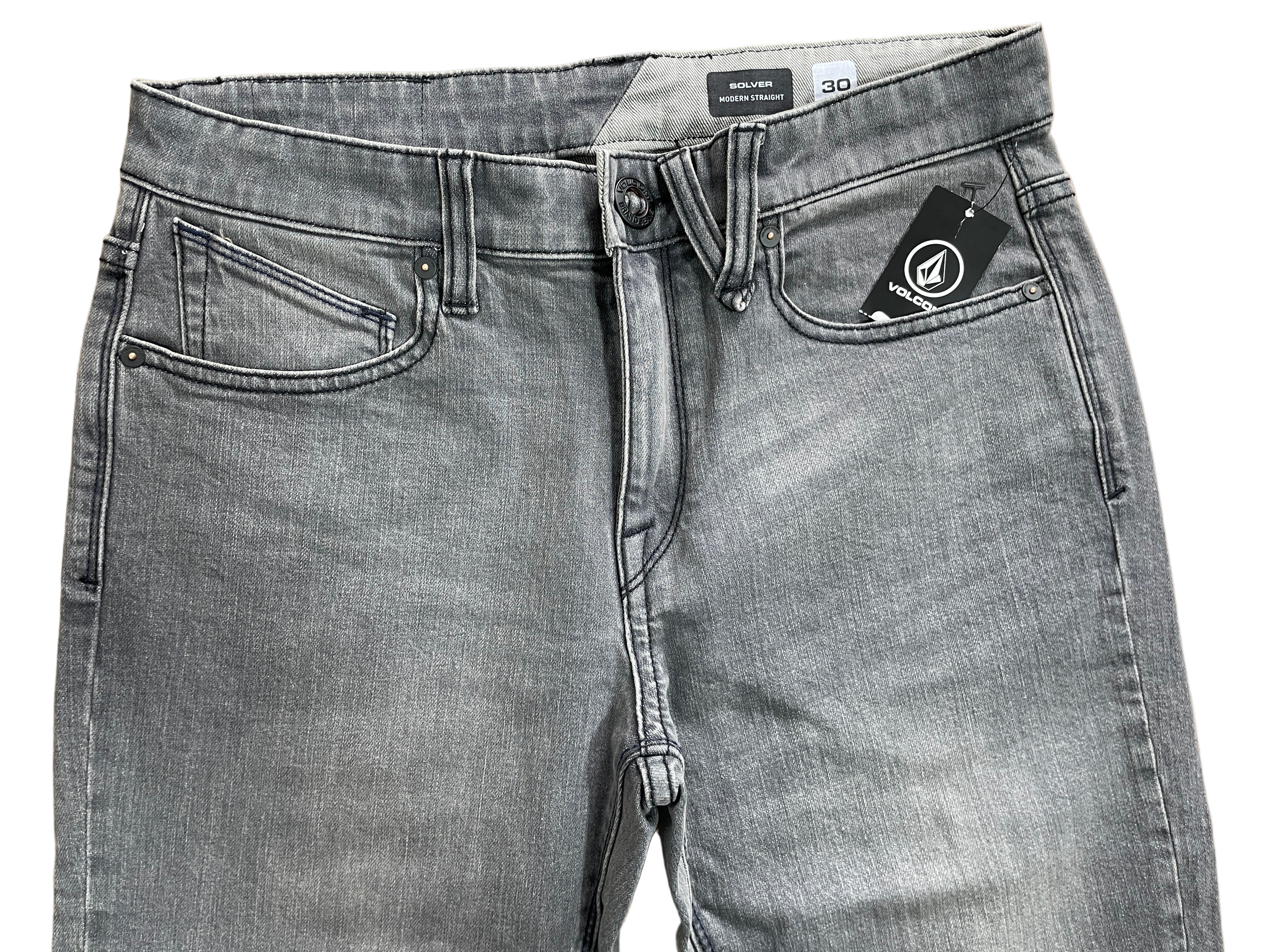 volcom solver modern fit men's jeans grey front view
