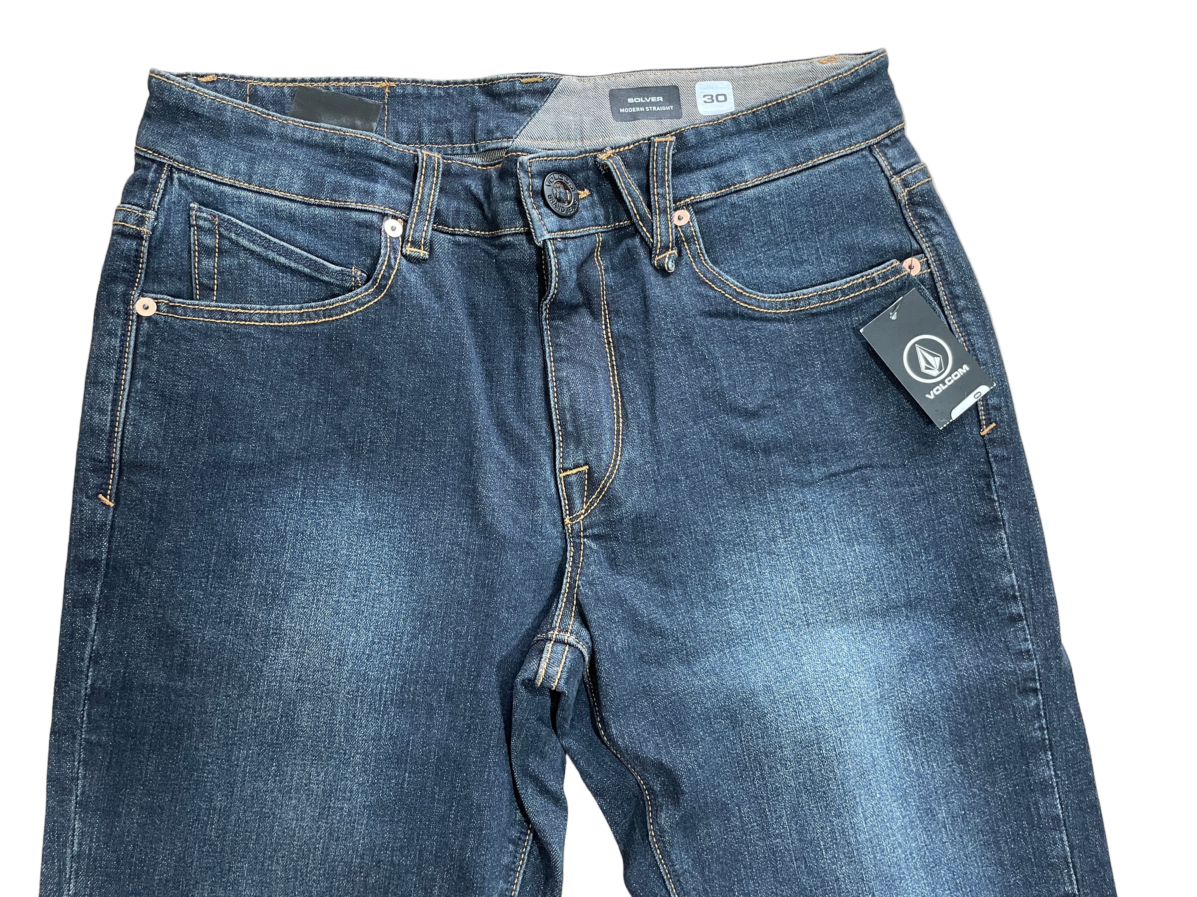 volcom solver modern straight men's jeans vintage blue front view