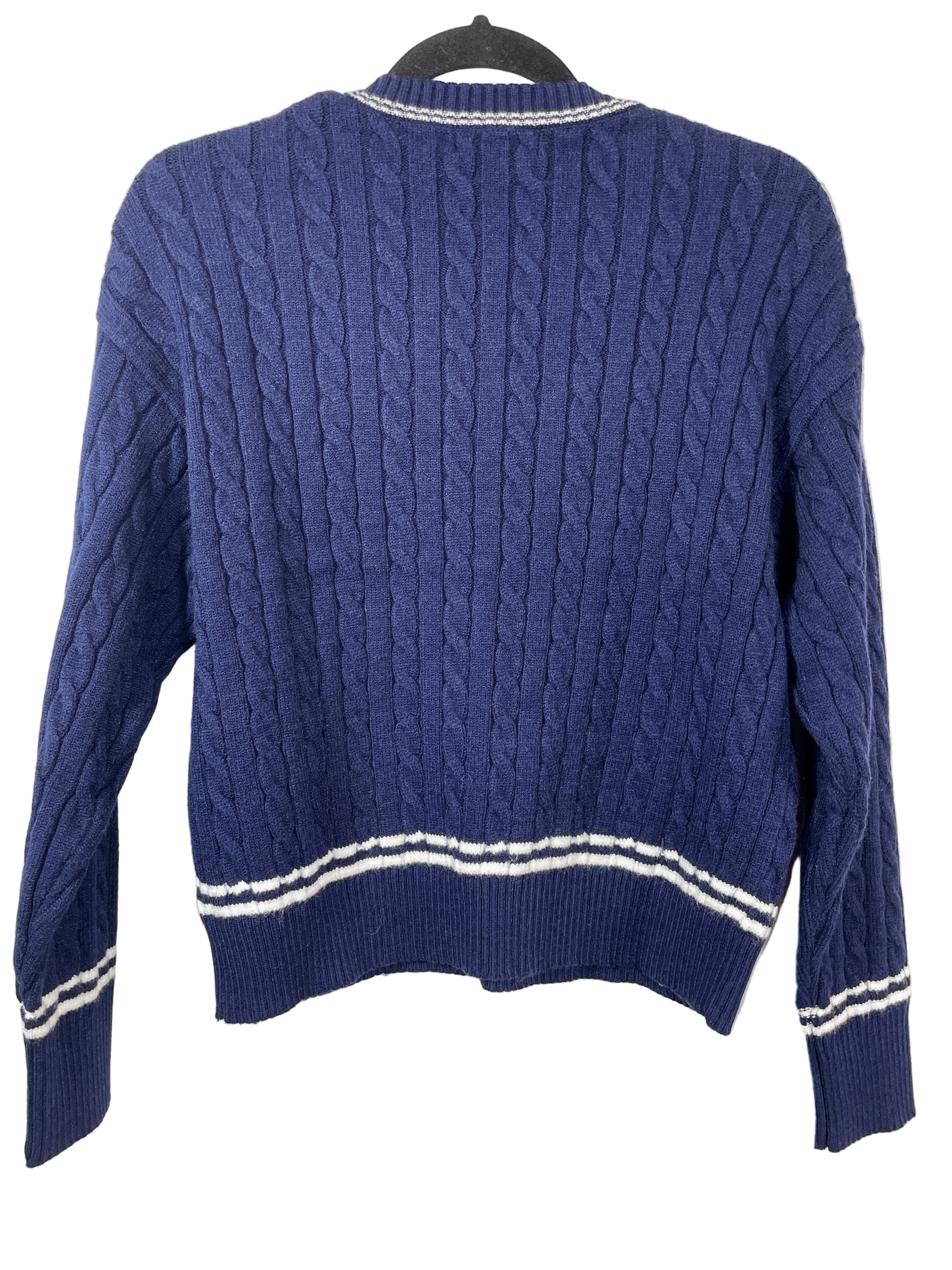 navy cable knit v-neck sweater with 92 patch back