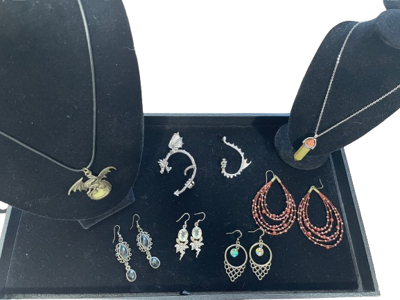 Full set of fantasy inspired jewellery with necklaces, earrings, and ear cuffs