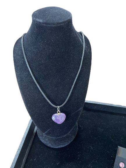 Purple heart pendant necklace on a black cord