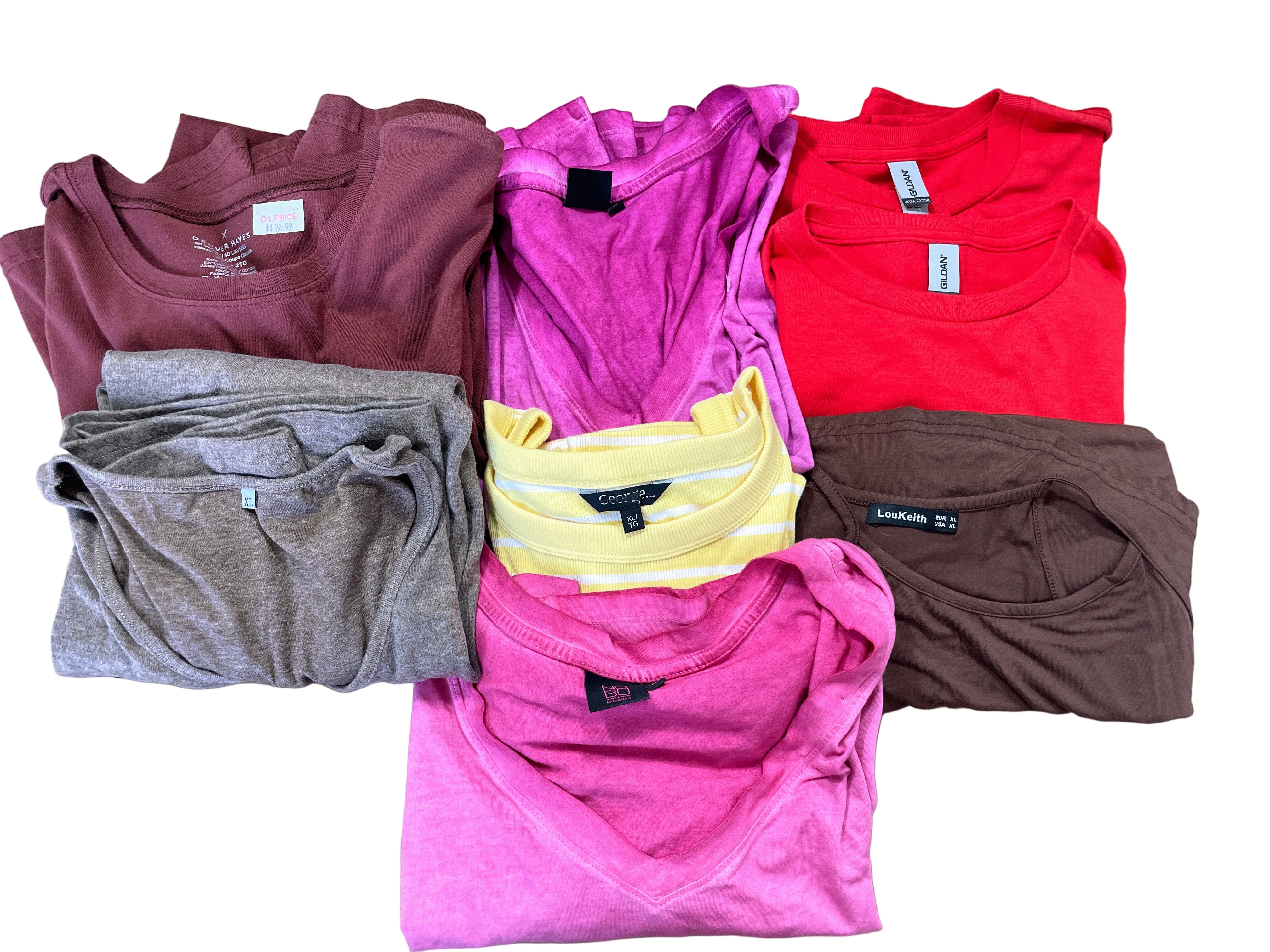 Lot of 8 assorted women’s tops in various colours and sizes, mixed brands stacked together, front view