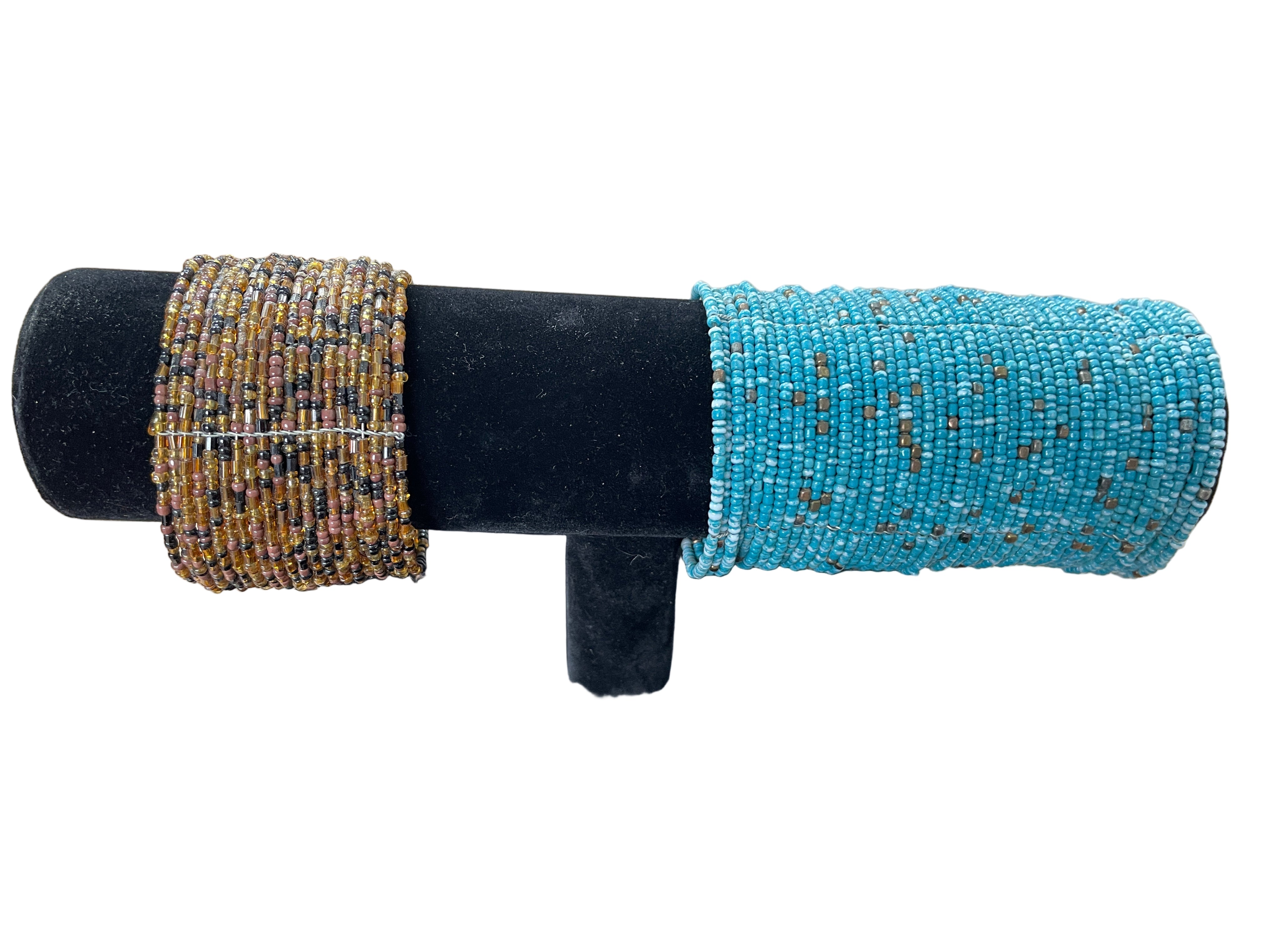 Set of two multi-strand beaded stretch bracelets in turquoise and amber brown tones.