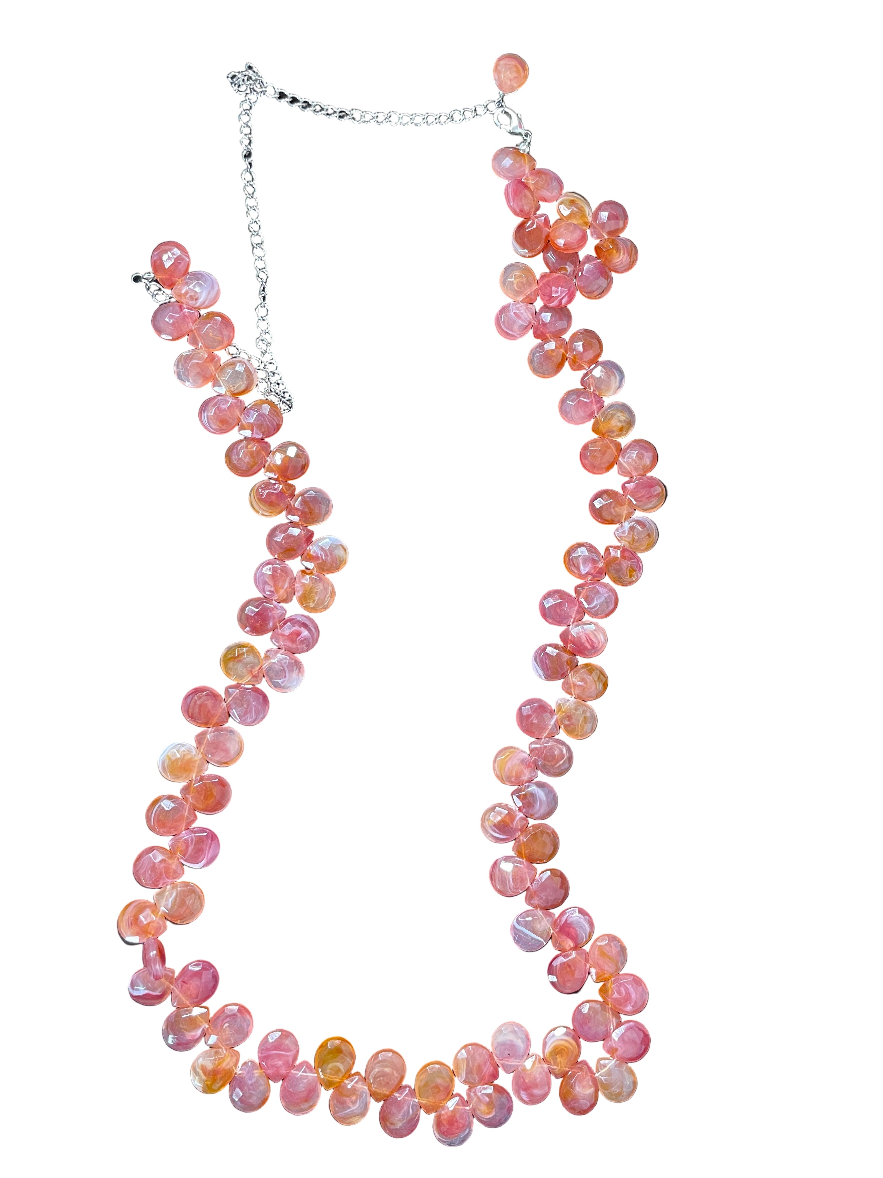Beaded pink-orange acrylic belt with lobster clasp, 110 cm length.