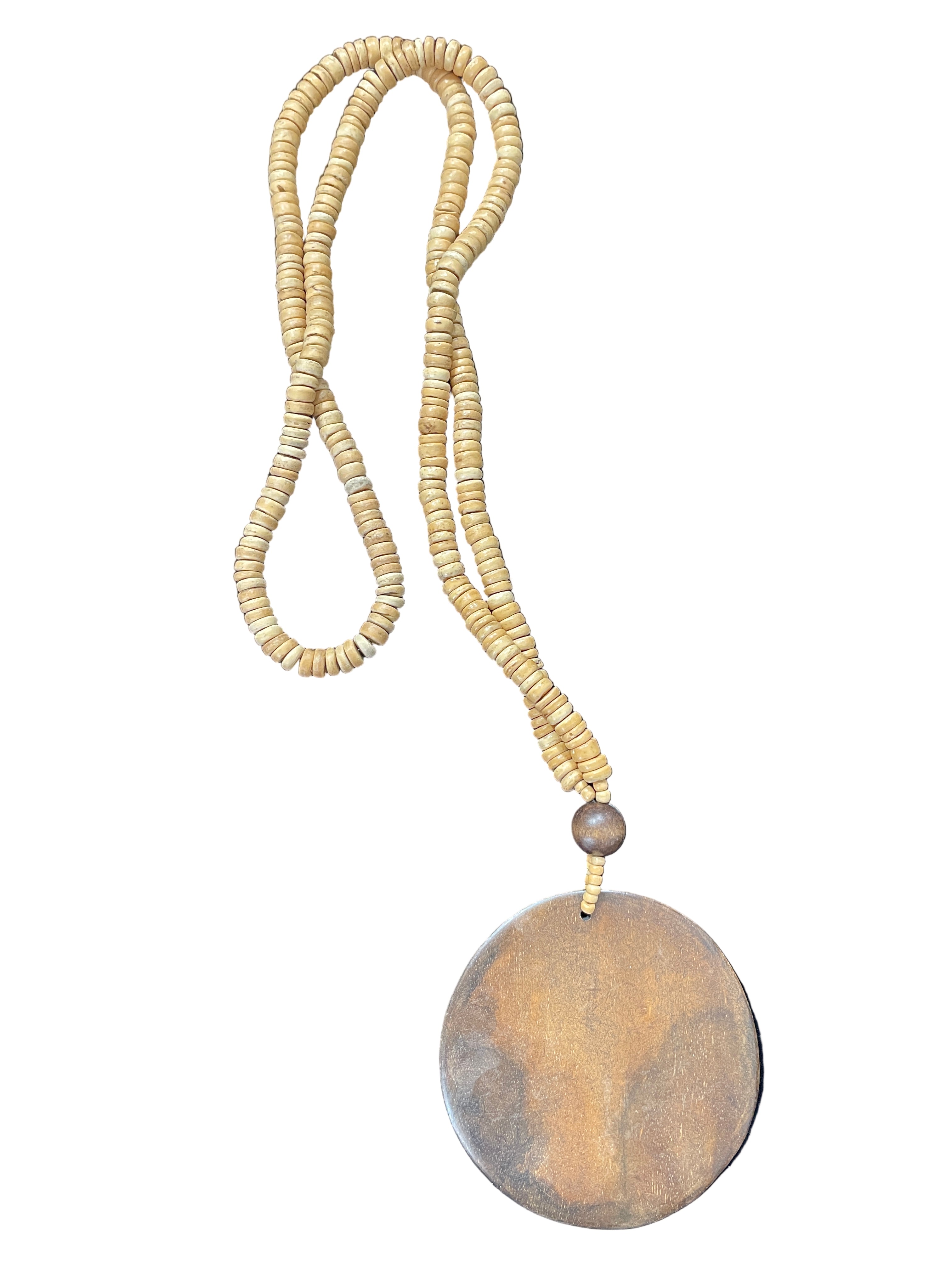 Long wooden beaded necklace with round wood pendant, 94 cm length.
