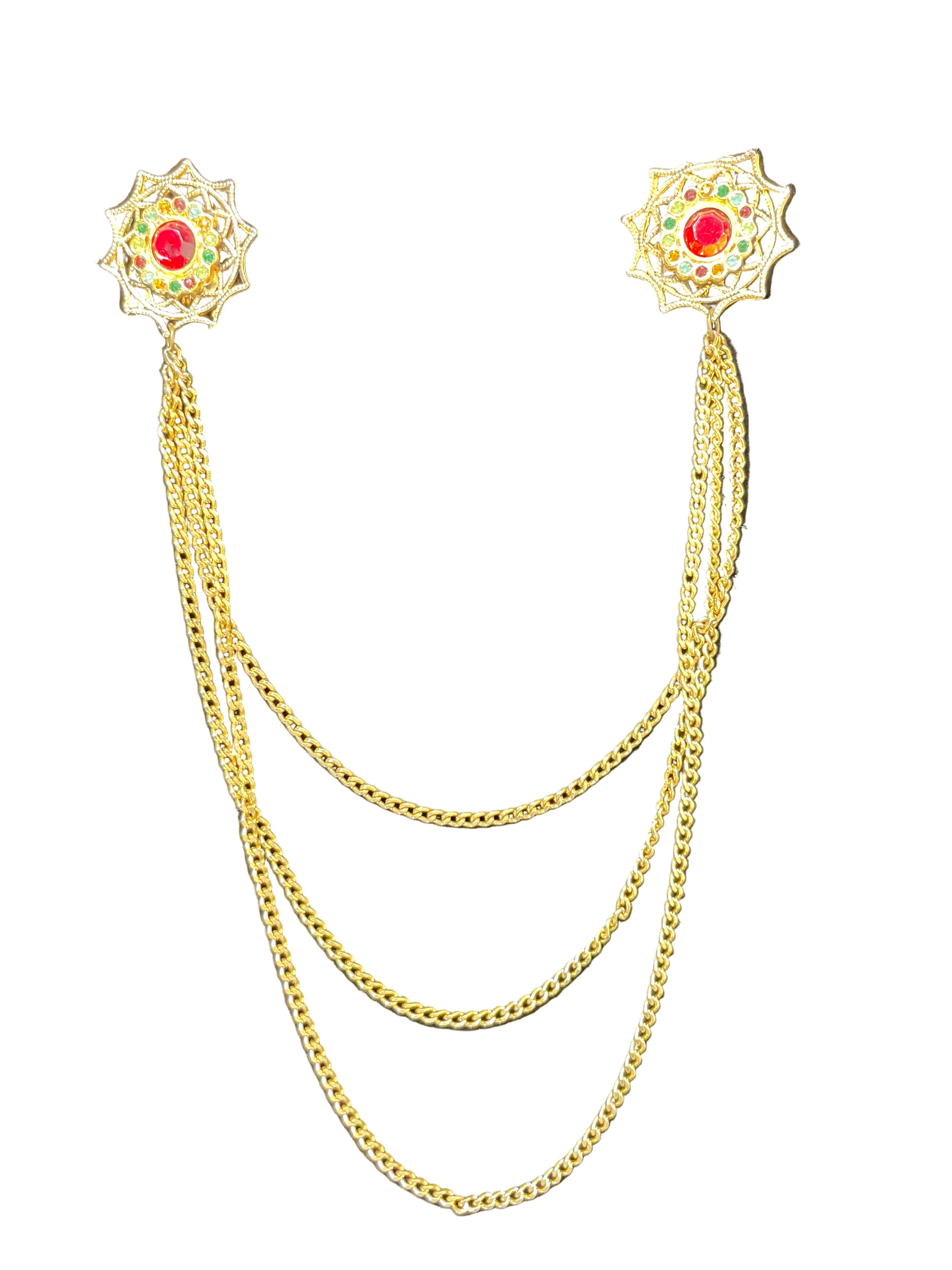 Vintage sweater clips with ornate gold-tone filigree ends and red/multi-coloured accents with triple chains