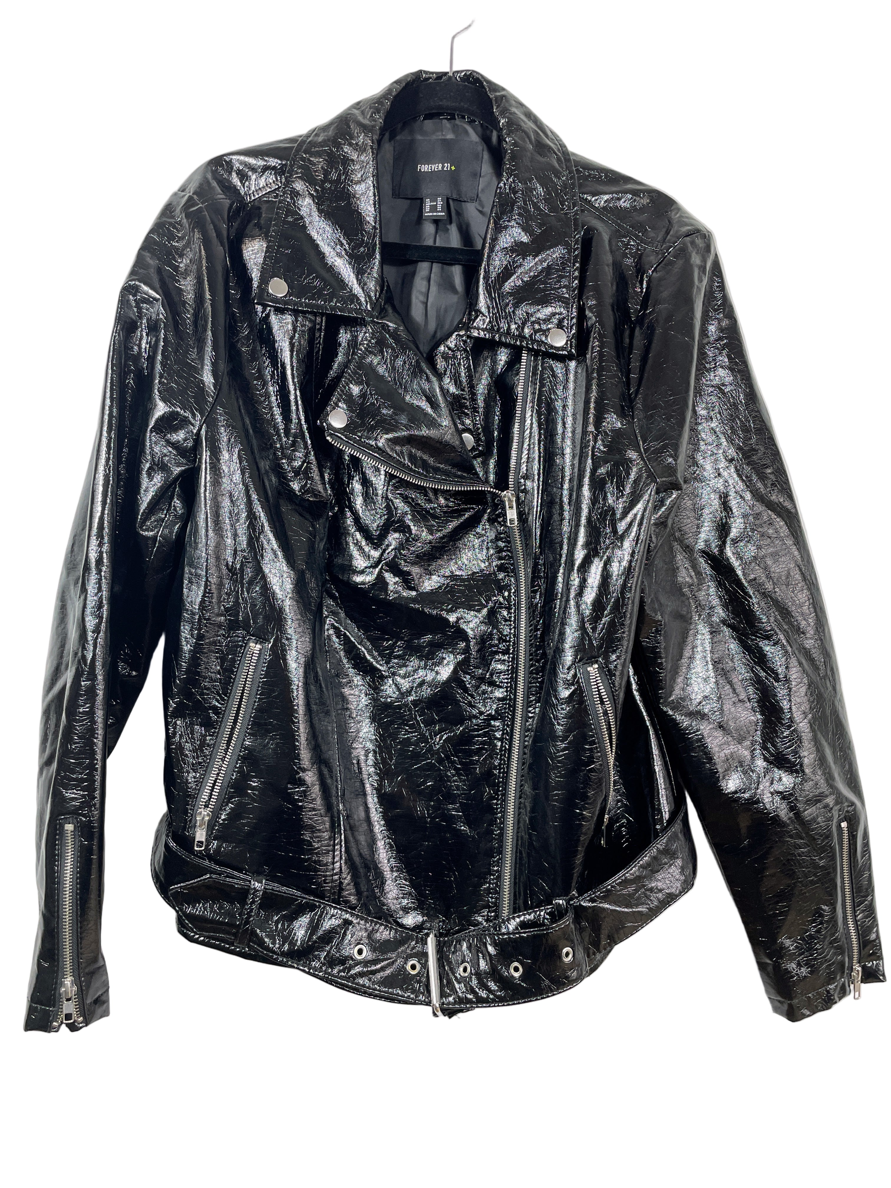 Forever 21 Plus black PVC jacket with belt front view