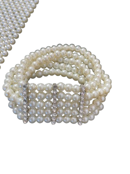 Faux pearl multi-strand bracelet with rhinestone spacers