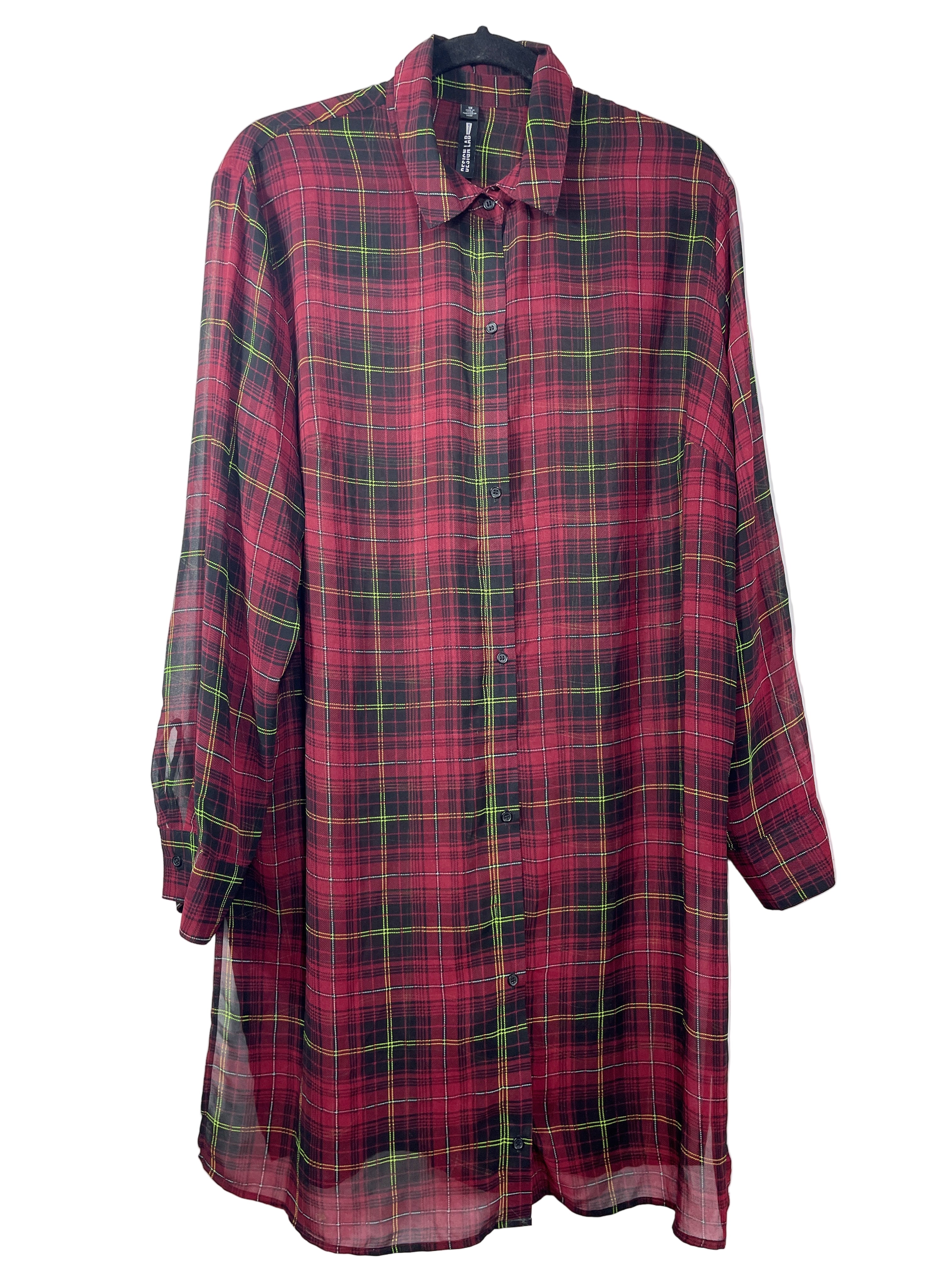 Front view of burgundy plaid sheer longline shirt tunic with button front