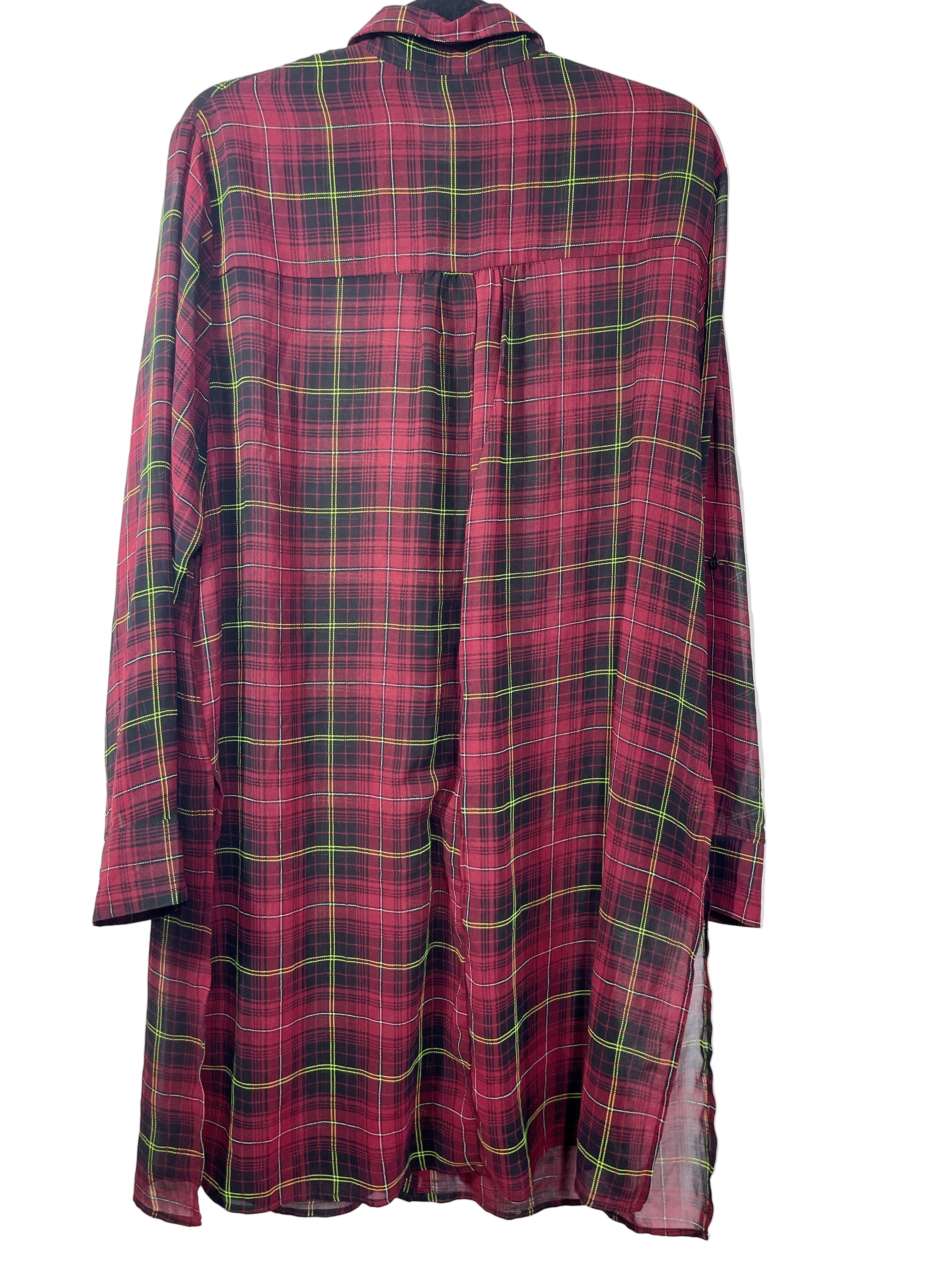 Back view of burgundy plaid sheer longline shirt tunic with side slits