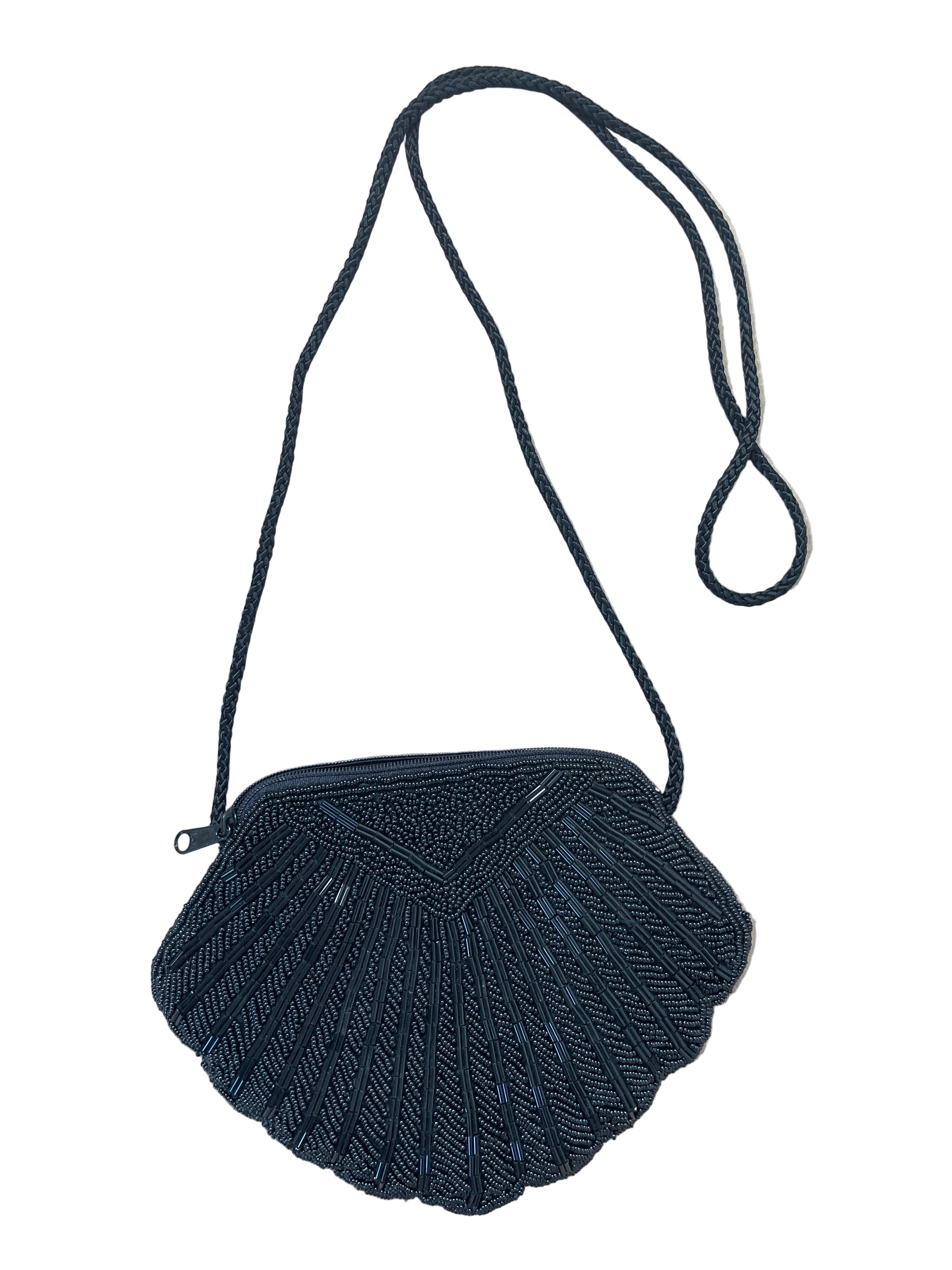 vintage black beaded clam shell crossbody purse