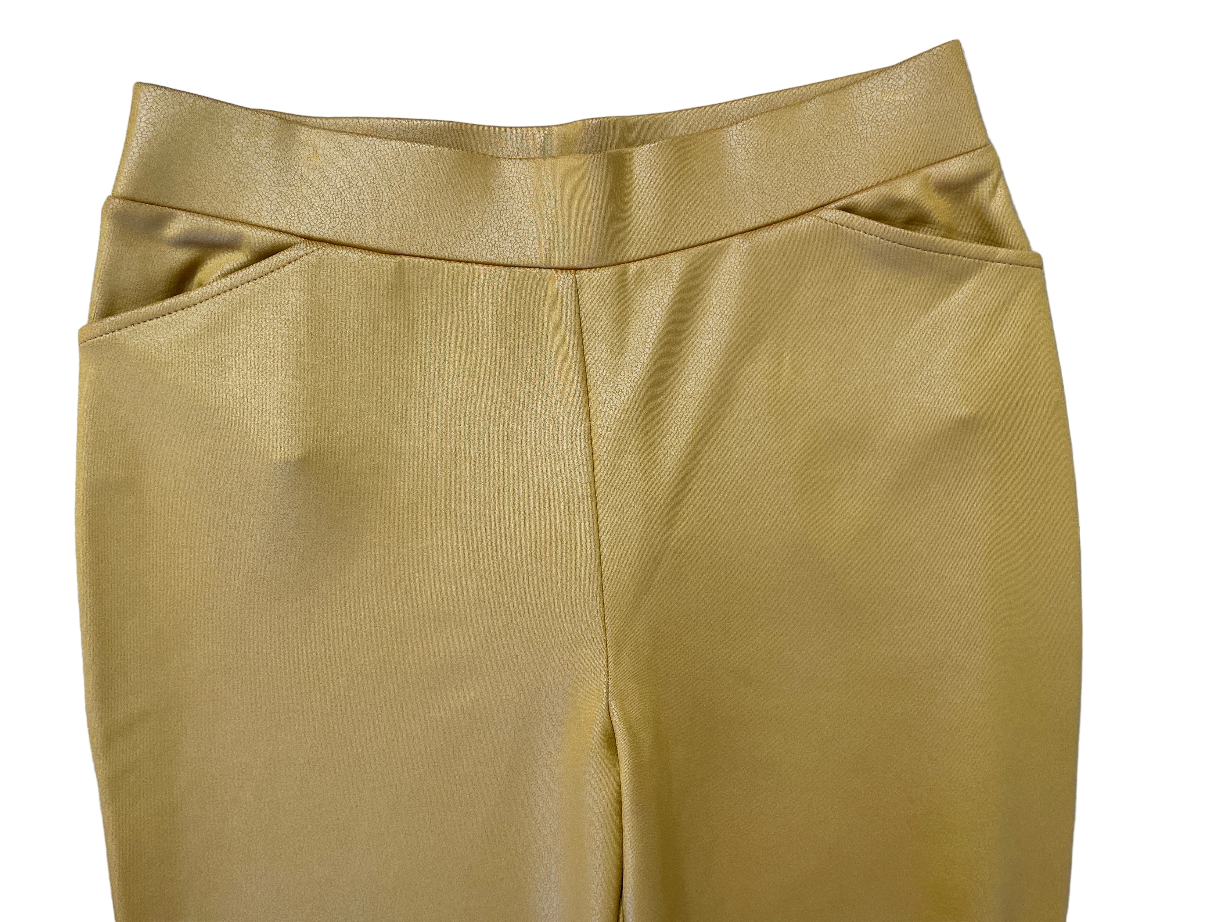 Front view of Kim & Co mustard embossed pants with waistband and pockets