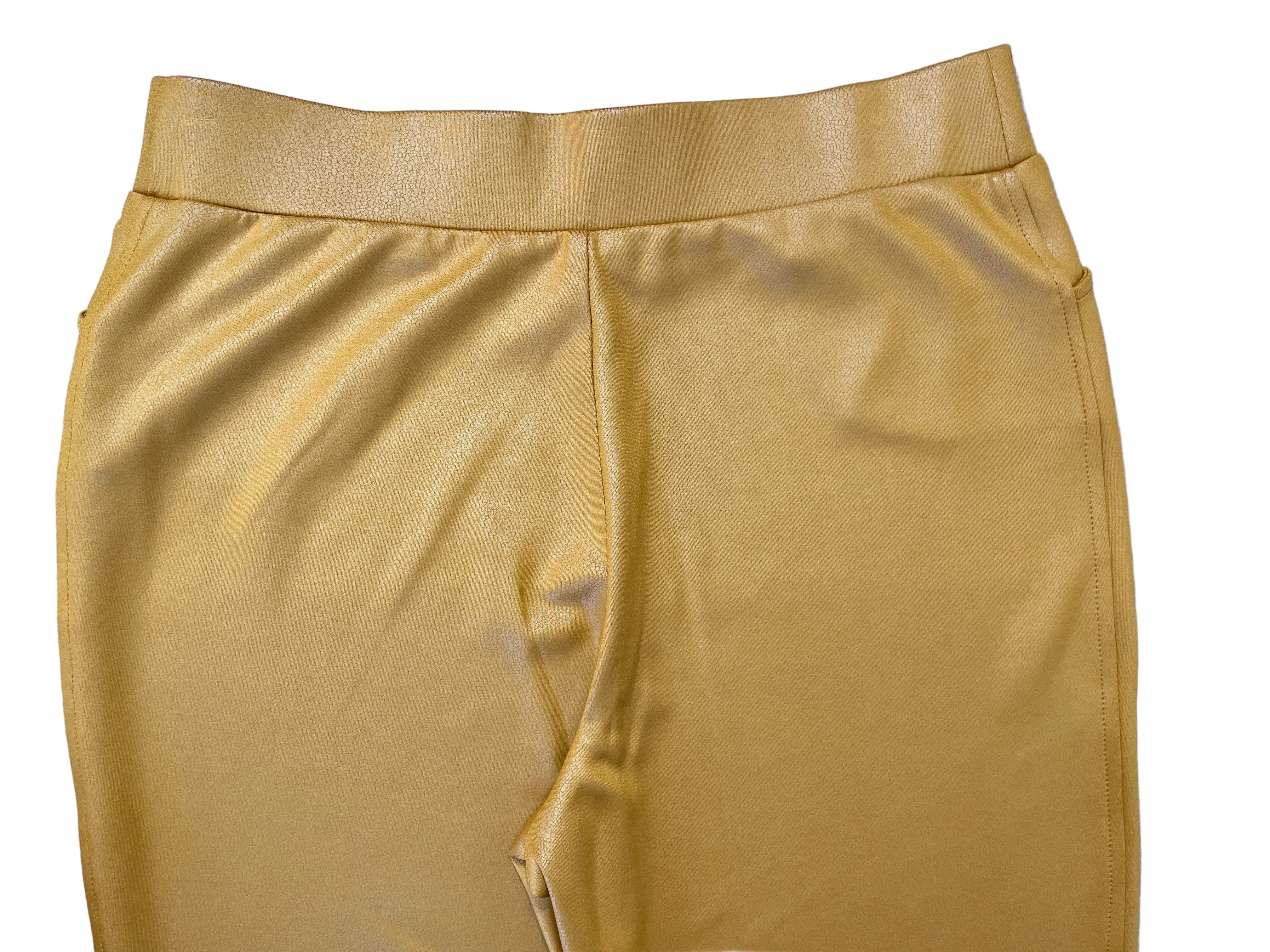 Back view of Kim & Co mustard embossed pants showing slim leg cut