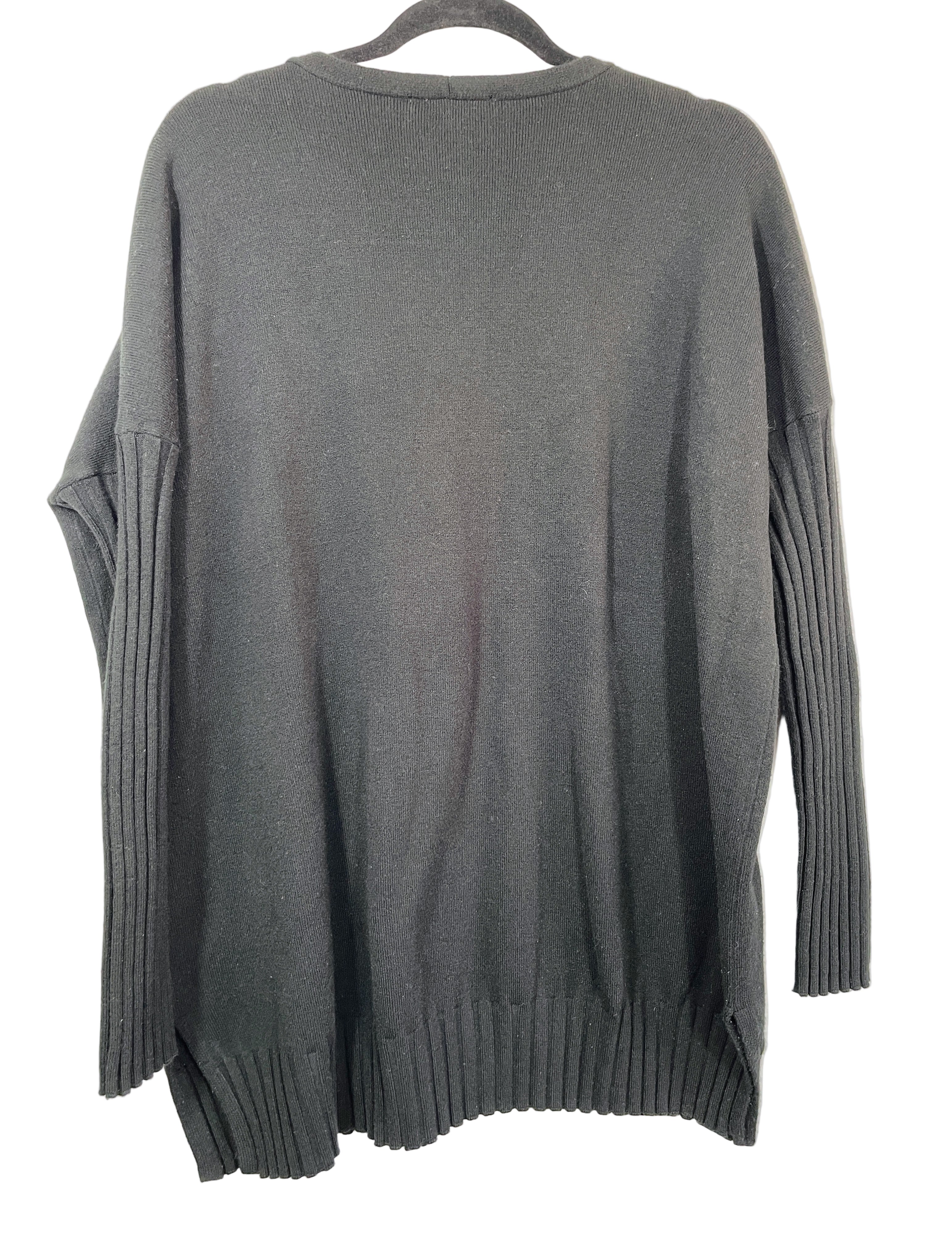 Back view of French Connection black sweater with relaxed fit and ribbed hem