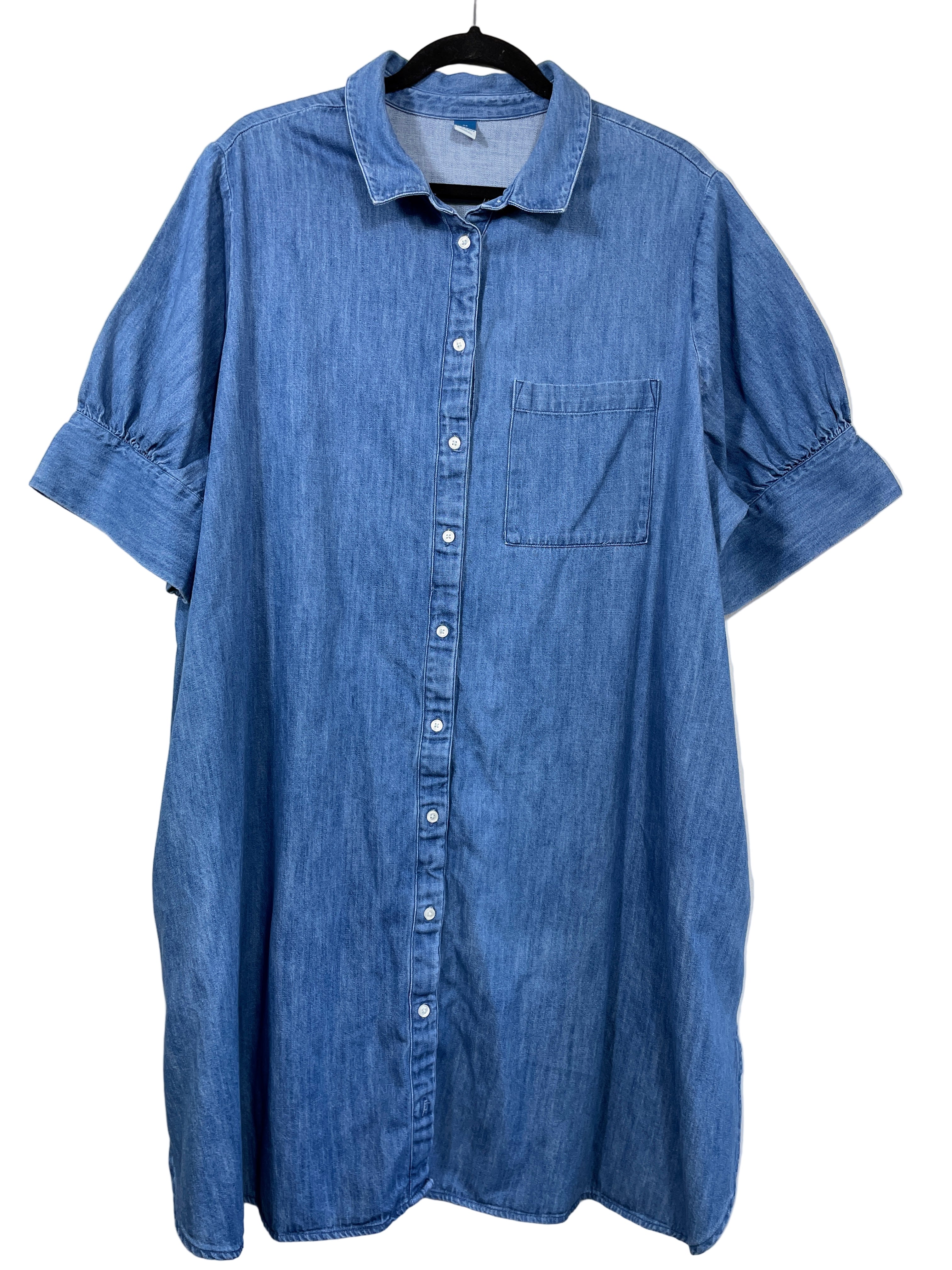 Front view of Old Navy denim button-front dress with chest pocket