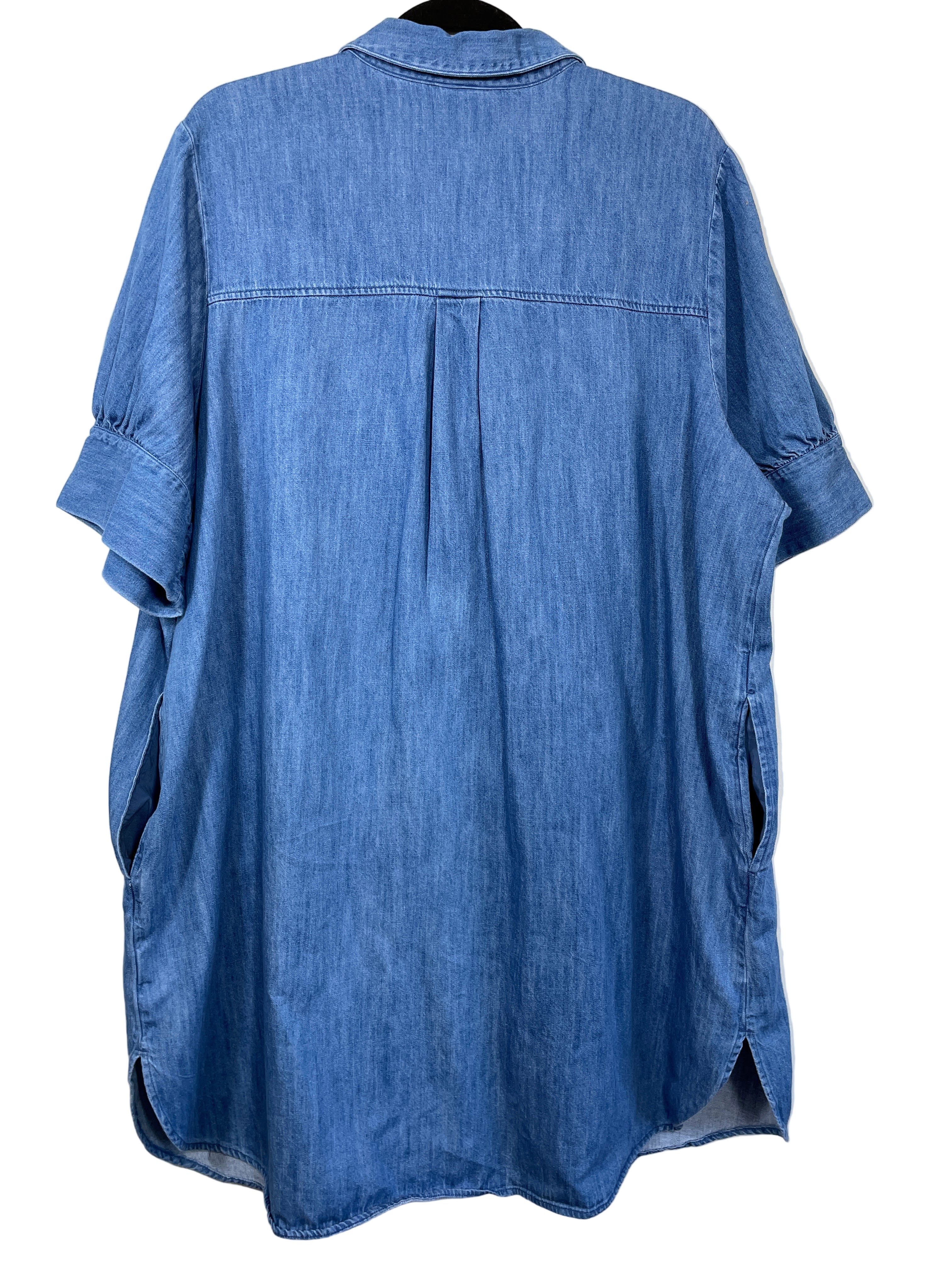 Back view of Old Navy denim dress showing side pockets and relaxed fit