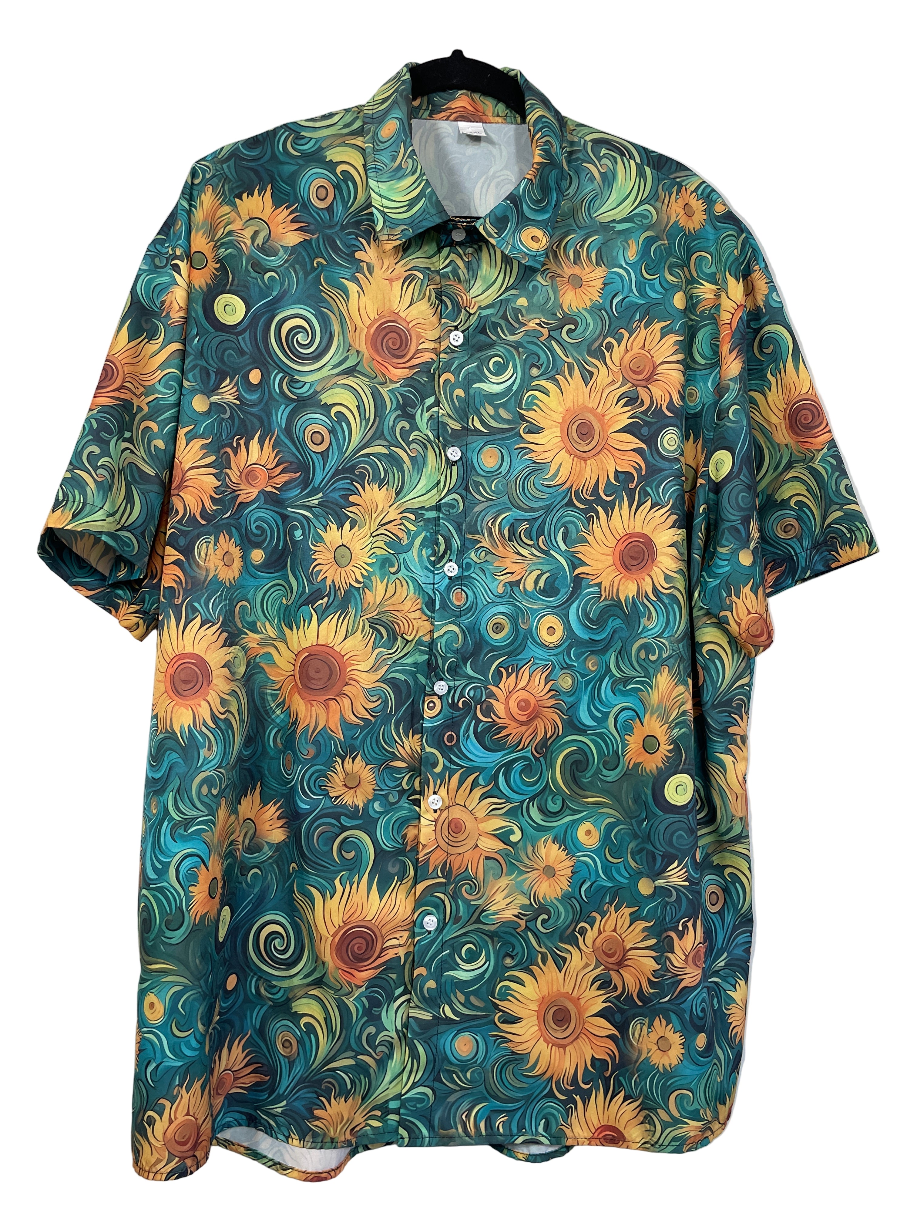 Front view of sunflower swirl print short sleeve men’s shirt