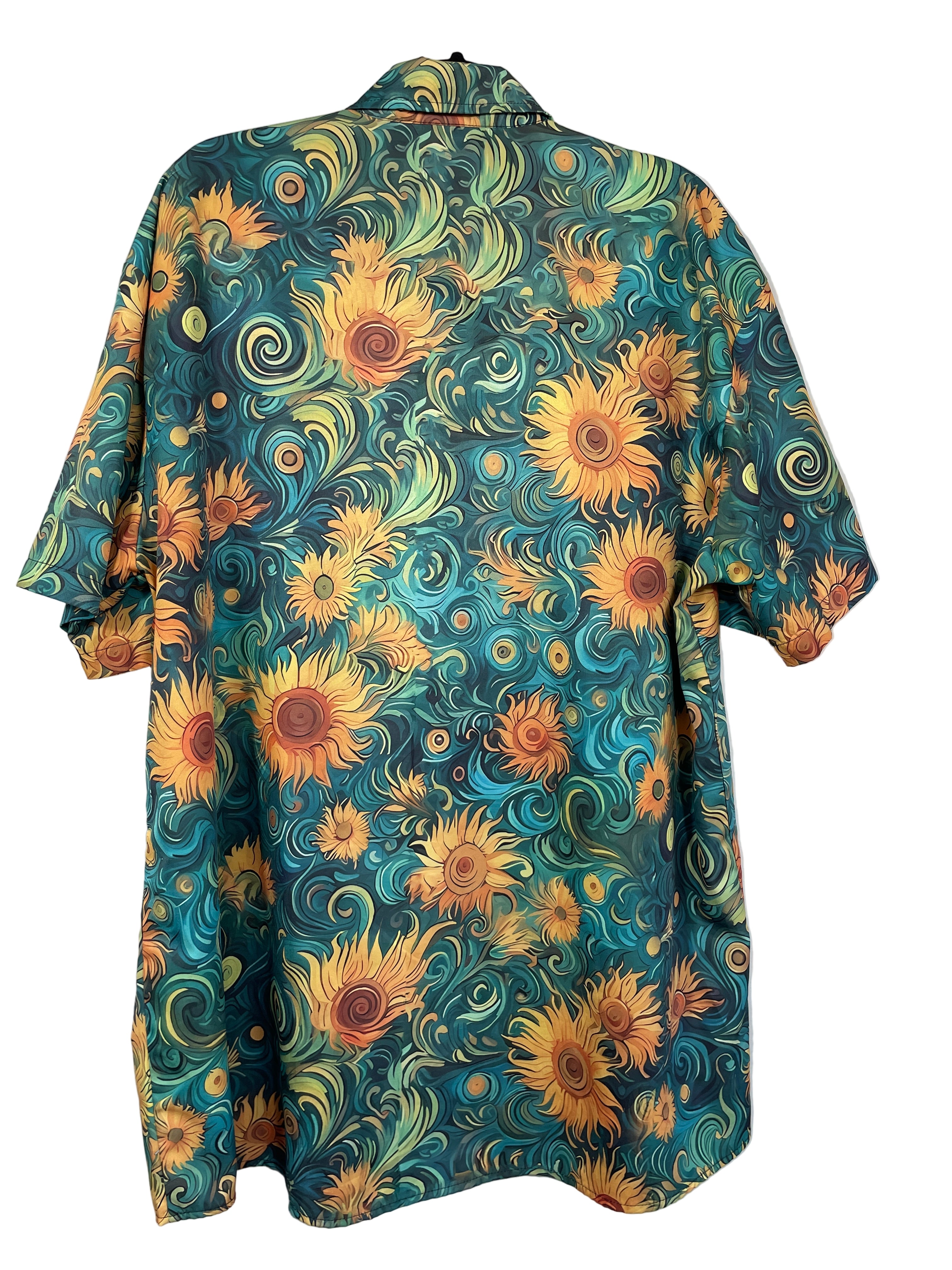 Back view of sunflower swirl print short sleeve men’s shirt