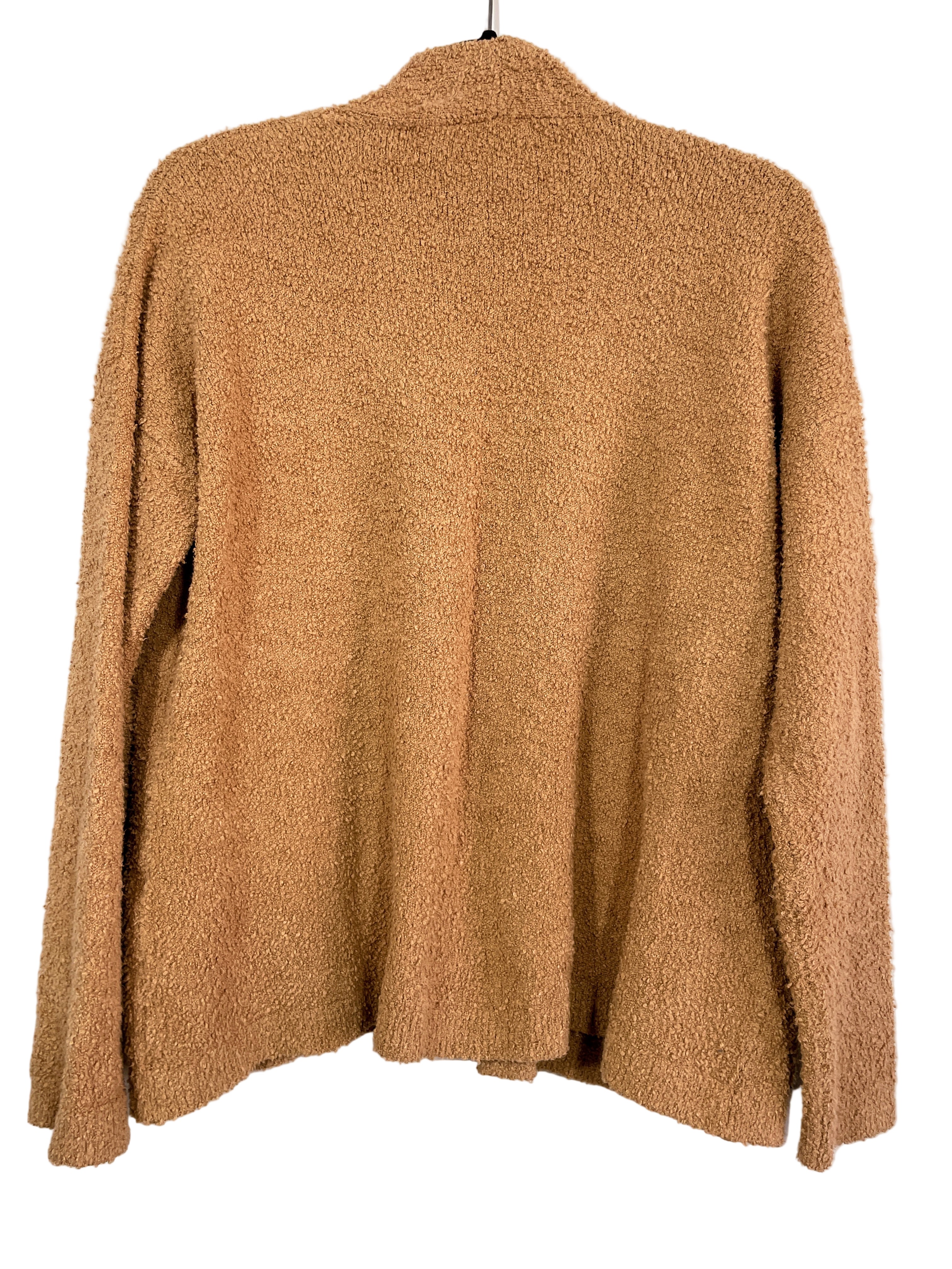 back view of Eileen Fisher brown organic cotton blend cardigan with patch pockets, size small