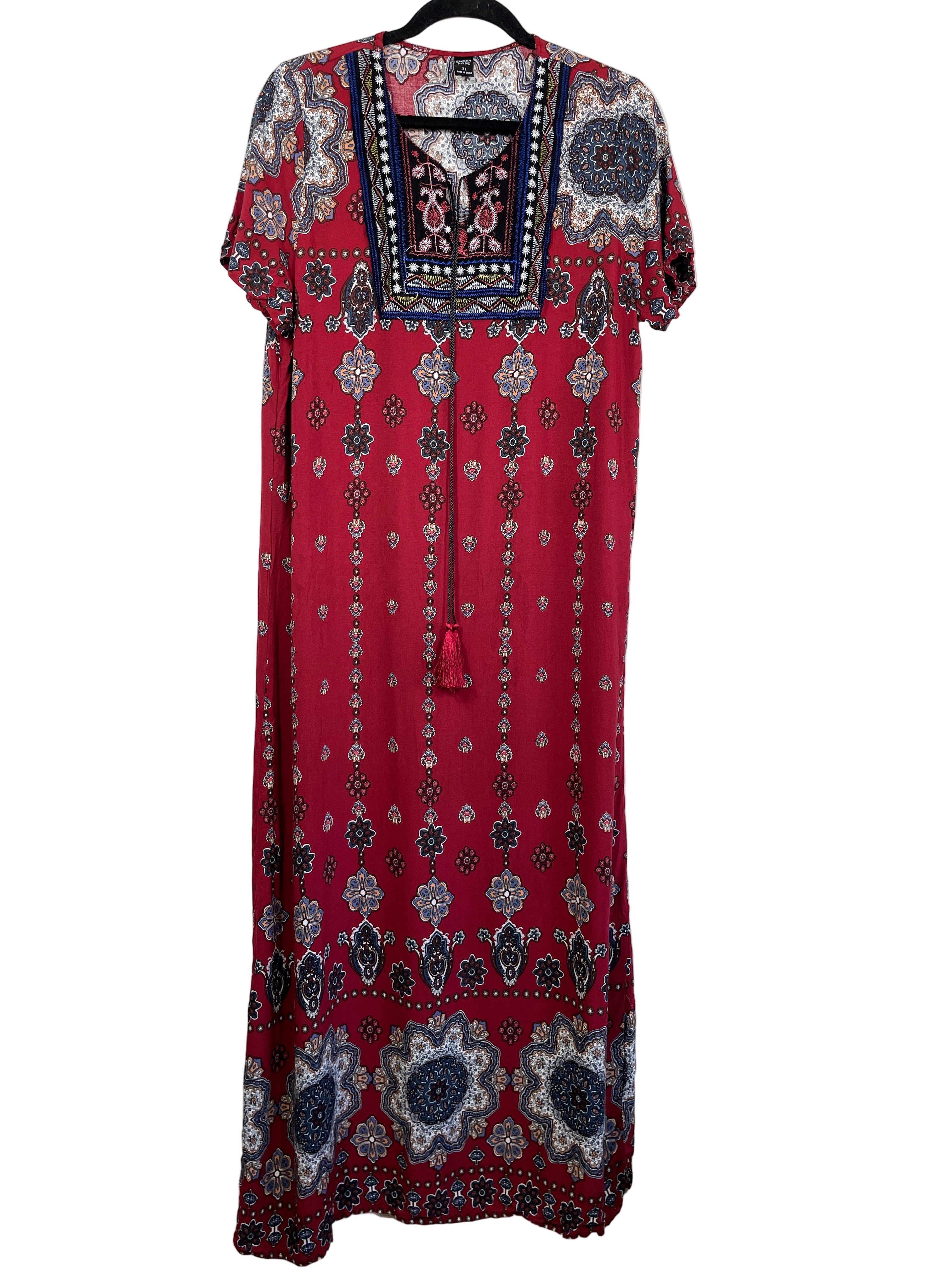 Front view of Emery Rose embroidered boho red maxi dress size XL with tassel tie